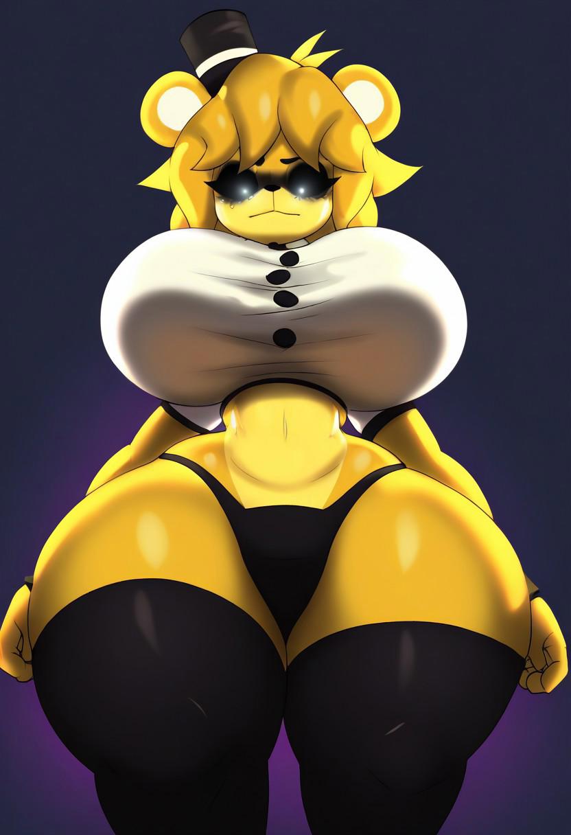 1girls, ai generated, animal ears, animal nose, animatronic, animatronic female, anthro, bear ears, black background, black headwear, black nose, black panties, black sclera, black stockings, black thighhighs, black topwear, breasts, buttoned shirt, crop top, feet out of frame, female, female front angle, female front view, female front-view, female only, five nights at freddy's, fredina's nightclub, from below, front angle female, front view female, front view upper body, front-view female, glowing eyes, golden freddy (fnaf), golden fredina (cally3d), gradient background, huge breasts, looking at viewer, looking down, narrow waist, purple background, robot, robot girl, scottgames, short sleeves, slim waist, solo, style emulation, thick thighs, tifokoh57, top hat, tophat, type 0, upper body front view, white pupils, white topwear, wide hips, yellow body, yellow hair