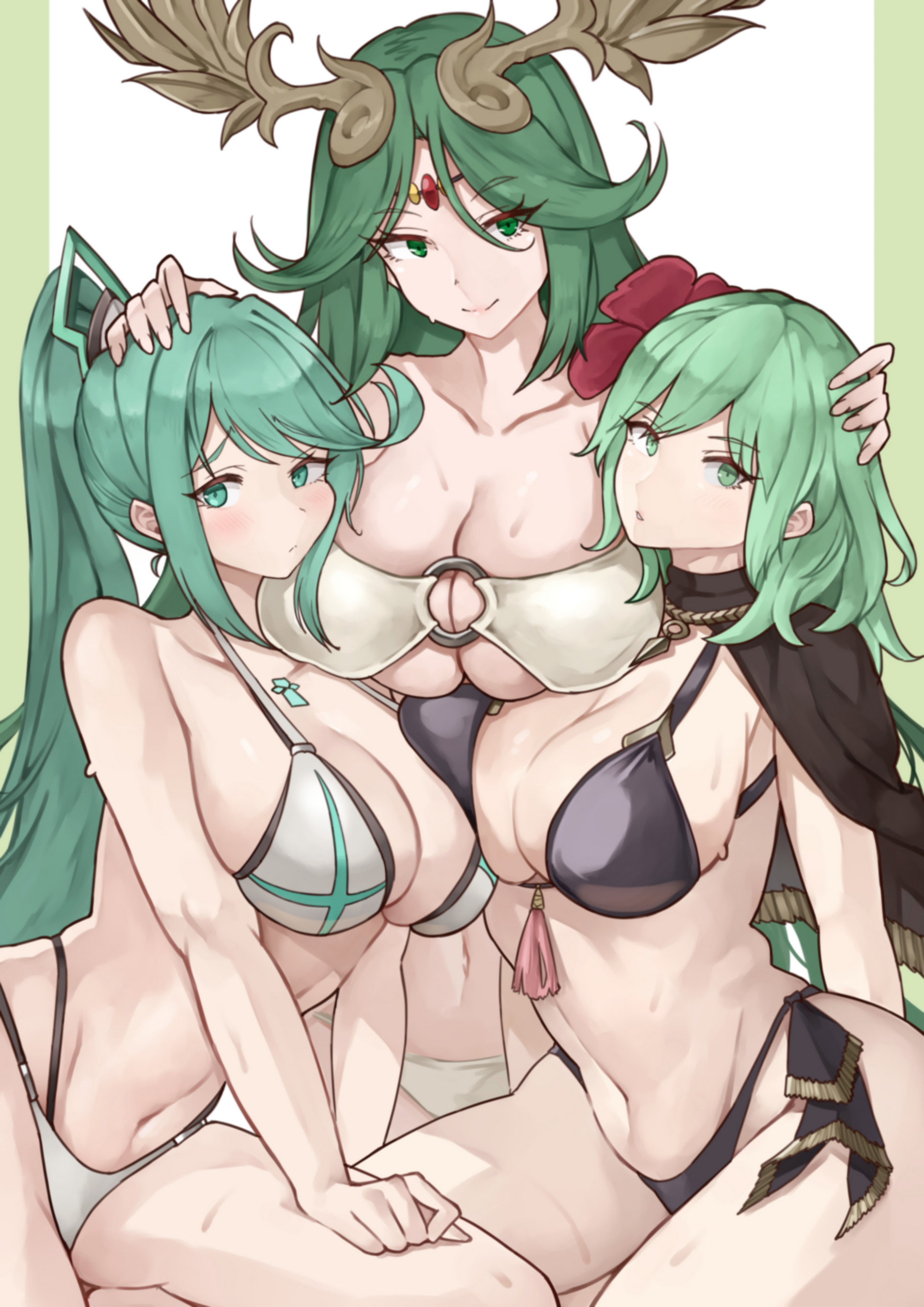 3girls, absurdres, bikini, black bikini, black capelet, breasts, byleth (fire emblem), capelet, cleavage, female, female byleth (awakened) (fire emblem), female byleth (fire emblem), fire emblem, fire emblem heroes, fire emblem: three houses, flower, forehead jewel, green eyes, hair flower, hair ornament, hand on another's head, hand on own thigh, head on chest, high ponytail, highres, kid icarus, kid icarus uprising, large breasts, laurel crown, long hair, looking at viewer, multiple females, multiple girls, navel, nintendo, o-ring, o-ring bikini, oniisan02b, palutena, pink hair, pneuma (xenoblade), ponytail, short hair, sidelocks, simple background, swimsuit, white background, white bikini, xenoblade (series), xenoblade chronicles 2, yotsuhauni