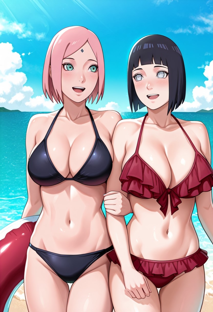 2girls, ai generated, bangs, beach, bikini, black bikini, black hair, blue sky, blush, boruto: naruto next generations, breasts, cleavage, cloud, collarbone, cowboy shot, dandanhub, day, facial mark, female, female only, forehead mark, frilled bikini, frills, green eyes, haruno sakura, hyuuga hinata, innertube, large breasts, locked arms, looking at another, multiple females, multiple girls, naruto, naruto (series), naruto shippuden, navel, ocean, open mouth, outdoors, pink hair, red bikini, sakura haruno, sakura uchiha, short hair, sky, smile, stomach, swimsuit, thigh gap, uchiha sakura, uzumaki hinata, white eyes