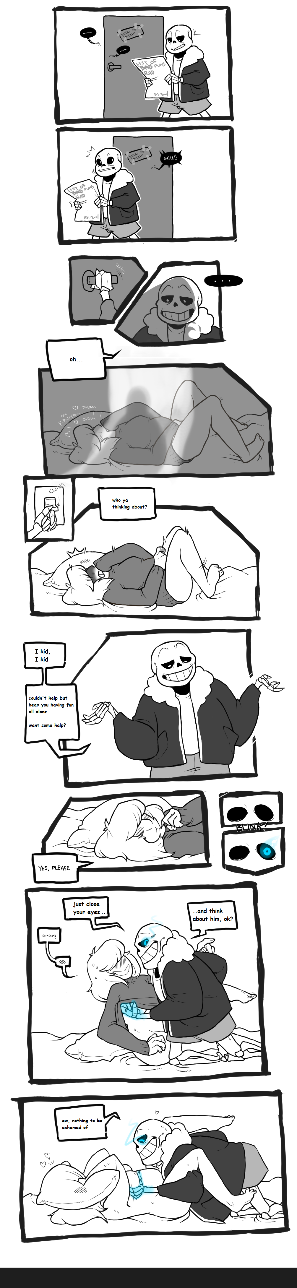 bone breasts clothed clothing comic dok-tah female human interspecies male male/female mammal masturbation monochrome penetration sans skeleton skull speech_bubble straight text undertale undressing vaginal_penetration