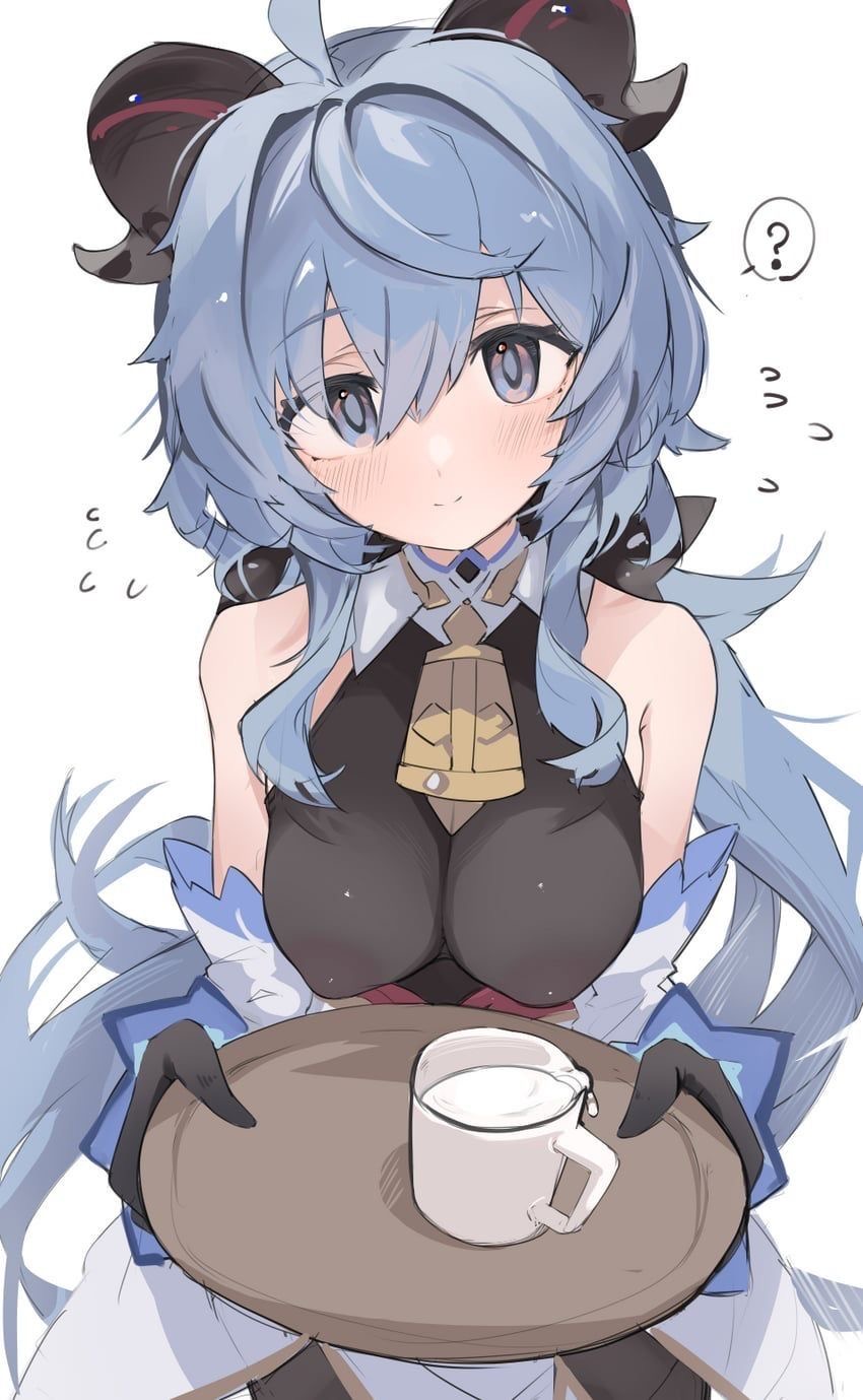big breasts, blue hair, breasts, clothed, female, ganyu (genshin impact), genshin impact, horns, nipple, nipple bulge