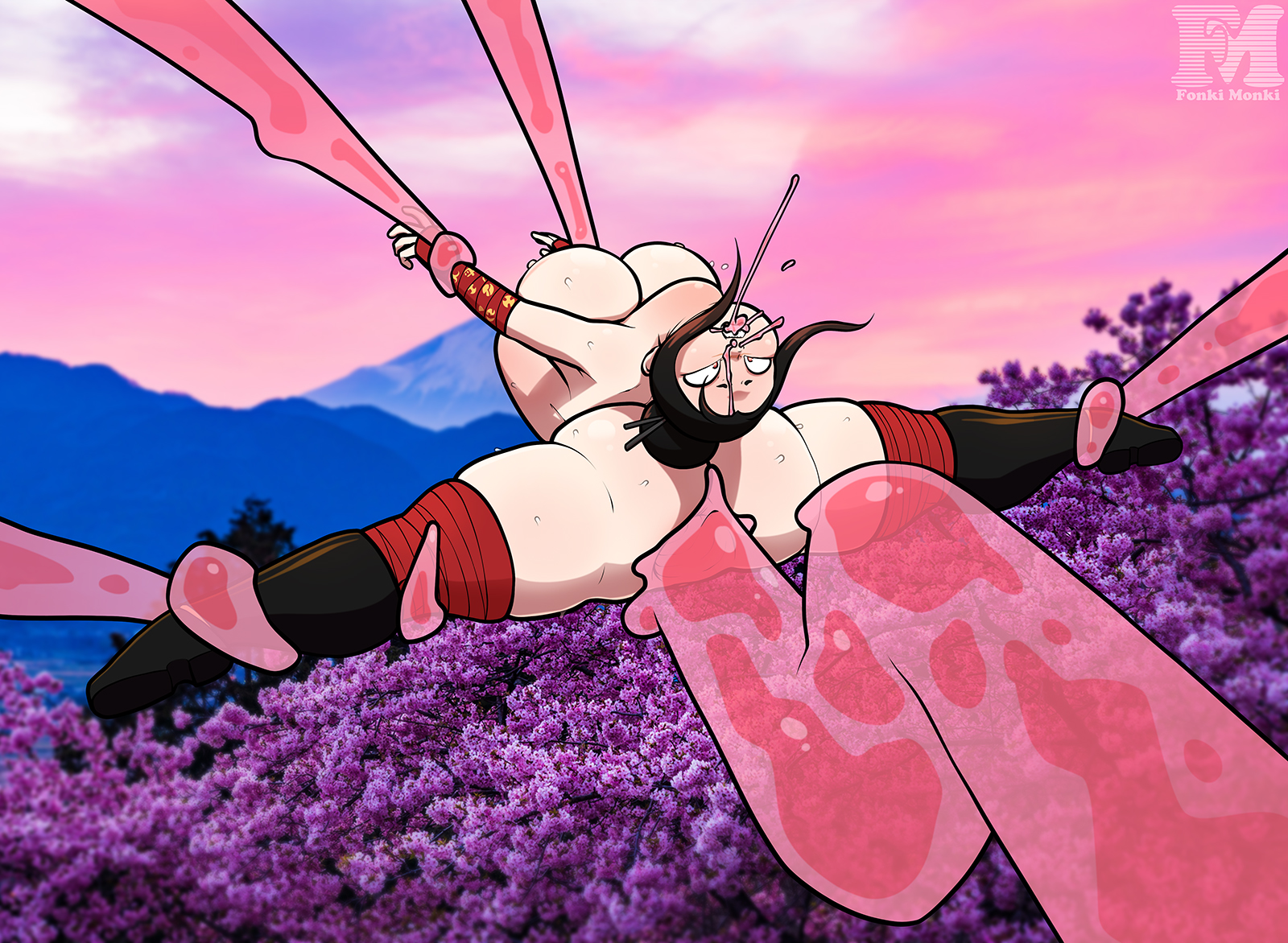 all the way through, big ass, big breasts, big butt, big thighs, fonkimonki, held, held by legs, held up, ninja, onna, slime, slime inflation, slime monster, splits, stomach bulge, tentacle, tentacle penetration, tentacle sex, thick legs, thick thighs, throat bulge