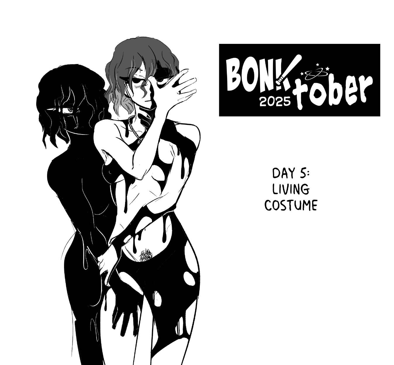 2girls, bonktober 2025, breasts, dripping, dual persona, female, female pubic hair, female/female, goo creature, hair over eyes, hair over one eye, living clothes, medium breasts, noah (spicymancer), nude, original, pubic hair, rumble after dark, selfcest, spicymancer, yuri