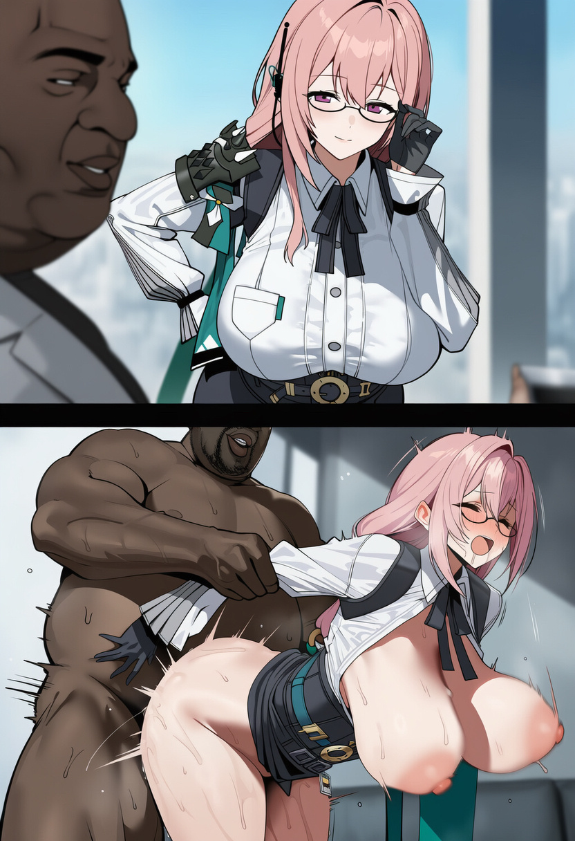 1boy, 1girls, ai generated, blush, bouncing breasts, breasts, dark skin, dark-skinned male, fat male, female, glasses, huge breasts, interracial, keoly, large breasts, male, pink hair, rough sex, sex from behind, tsukishiro yanagi, ugly bastard, ugly man, zenless zone zero