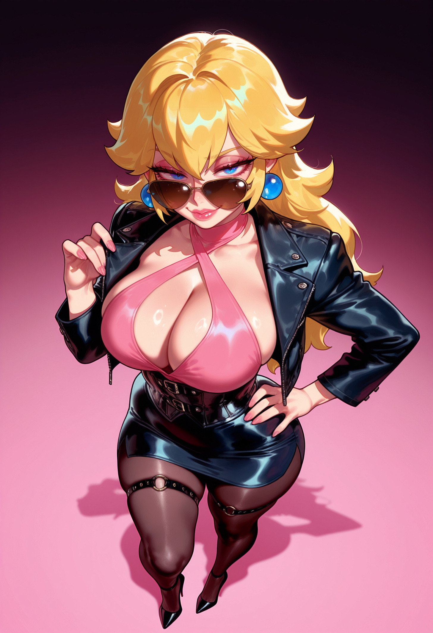 1girls, adjusting eyewear, ai generated, alternate costume, balecxi, black footwear, black jacket, black pantyhose, black skirt, blonde hair, blue eyes, breasts, brown pantyhose, cleavage, clothing, collarbone, criss-cross halter, cropped jacket, curvaceous, curvaceous female, curvaceous figure, curvy, curvy figure, earrings, eyelashes, eyeshadow, female, female focus, female only, fingernails, footwear, from above, full body, gradient background, hair between eyes, halterneck, hand on own hip, high heels, jacket, jewelry, large breasts, leather, leather jacket, lips, lipstick, long hair, long sleeves, looking at viewer, looking over eyewear, looking over sunglasses, makeup, mario (series), miniskirt, nail polish, nintento, o-ring, o-ring thigh strap, o-ring top, open clothes, open jacket, pantyhose, parted lips, pencil skirt, pink background, pink eyeshadow, pink lips, pink nails, princess peach, shiny clothes, shoes, sidelocks, skindentation, skirt, smile, solo, sphere earrings, standing, sunglasses, super mario bros., thick thighs, thigh strap, thighs, tinted eyewear, voluptuous, voluptuous female