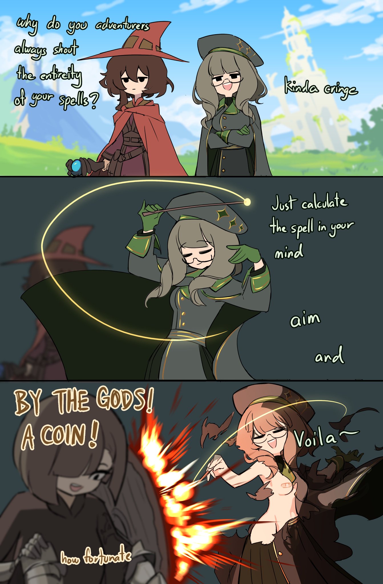 beret, centurii-chan, comic, english text, exploding clothes, glasses, gloves, humor, magic, magic wand, torn clothes, wand, witch hat