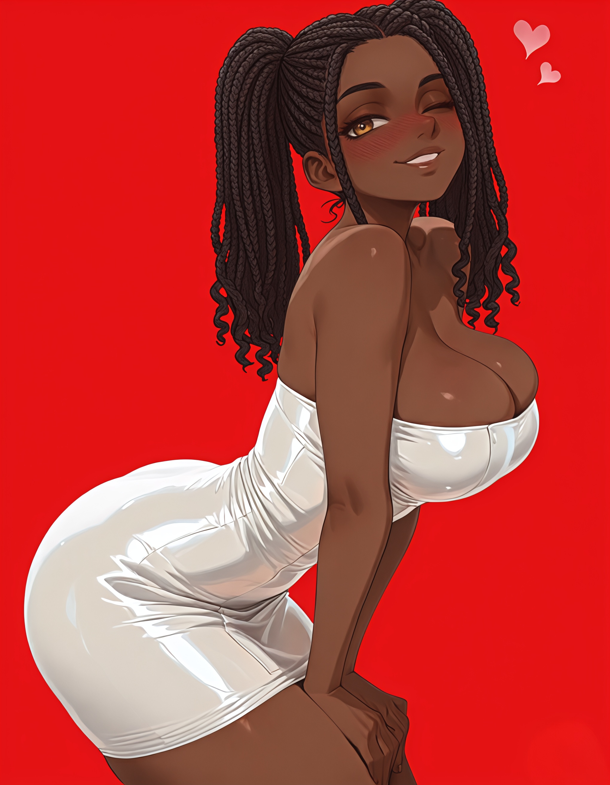 1girls, african female, ai generated, ass, bending over, bent over, big ass, big breasts, big butt, black hair, blushing, blushing at viewer, braid, braided hair, braids, breasts, brown eyes, cleavage, dark skin, dark-skinned female, dress, female, female only, heart symbol, looking at viewer, mrtecta, one eye closed, original, original character, smiling at viewer, solo, solo female, thick ass, thick legs, thick thighs, thighs, twerking, twintails, white dress, wink, winking at viewer