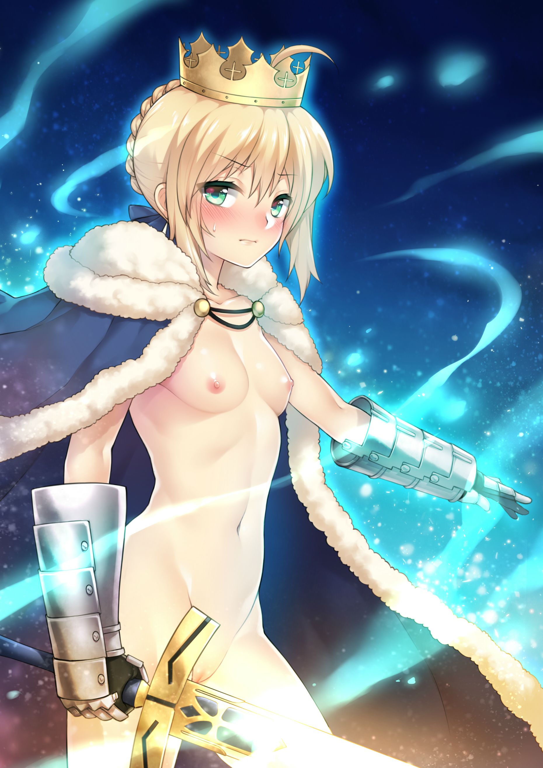ahoge, armor, artoria pendragon, bird, blonde hair, blush, breasts, cape, crown, fate (series), fate/grand order, female, fuya (tempupupu), green eyes, naked cape, navel, nude, pussy, saber, small breasts, solo, sword, uncensored, weapon
