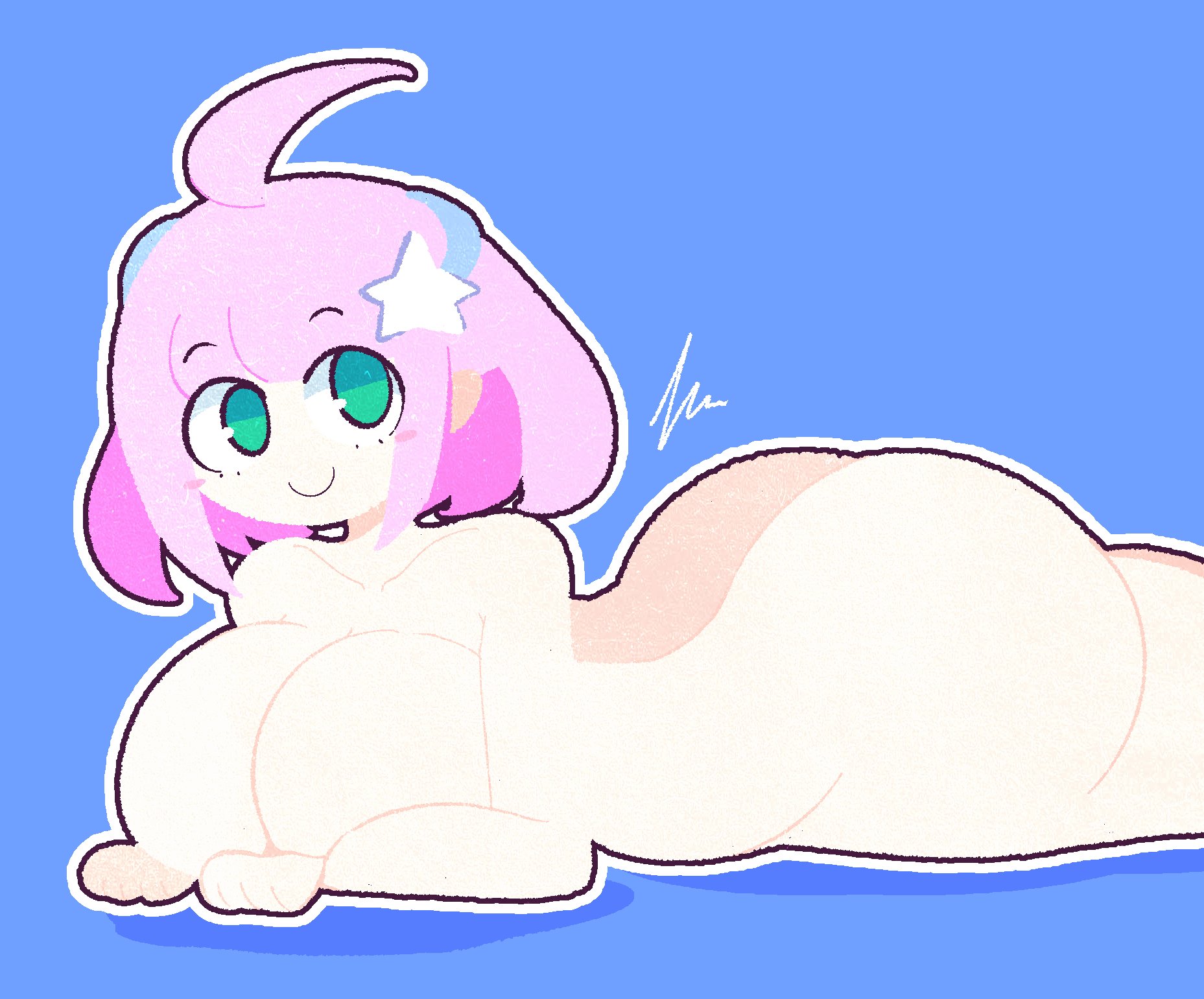 1girls, ahoge, amane (pastel parade), ass, ass focus, big ass, big breasts, blue background, blush stickers, breasts, clenched hands, closed mouth, completely nude, female, first porn of character, first porn of franchise, green eyes, hair ornament, huge ahoge, huge ass, huge breasts, looking at viewer, lying, nude, outline, pastel parade, pink hair, pochipon, signature, simple background, smile, solo, star (symbol), star hair ornament, thick thighs, thighs, white outline