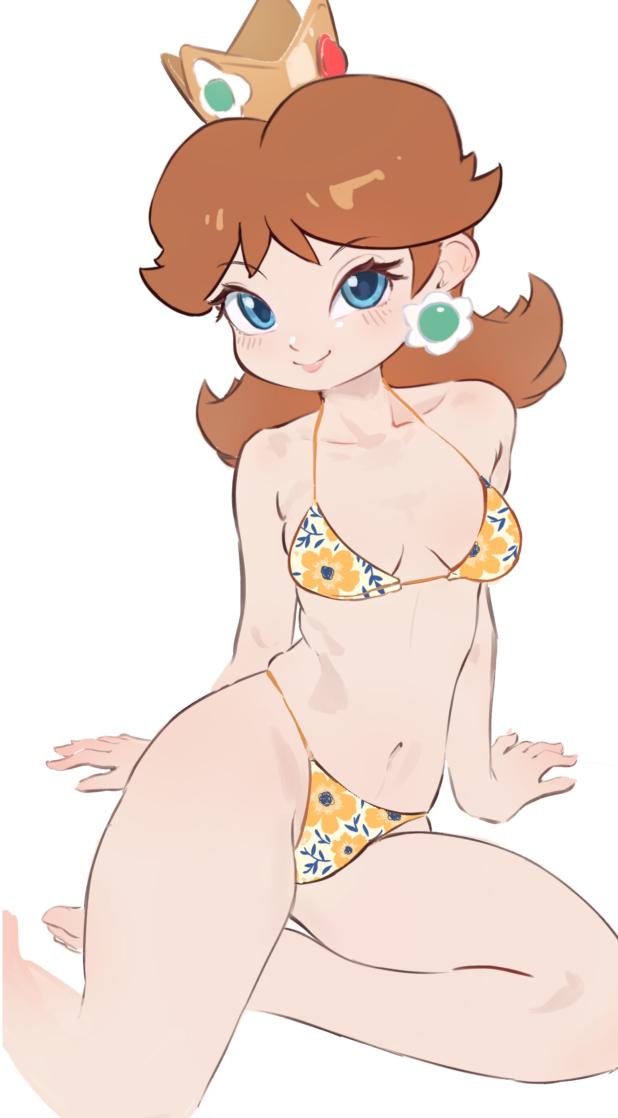1girls, 2d, bikini, blue eyes, breasts, brown hair, crown, earrings, female, light skin, looking at viewer, mario (series), mineru128127, navel, nintendo, princess daisy, solo, white background
