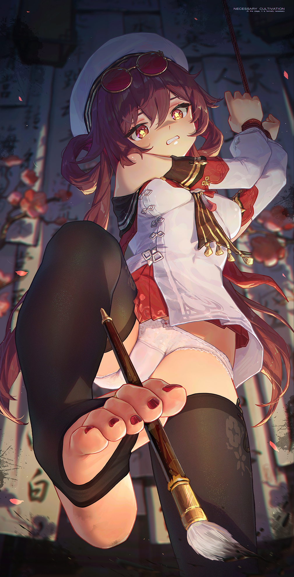 black legwear, bondage, feet, foot fetish, foot focus, genshin impact, half-dressed, holding with feet, hu tao (cherries snow-laden) (genshin impact), hu tao (genshin impact), icecake, mihoyo, one leg up, panties, rope bondage, standing, standing on one leg, stirrup legwear, sunglasses, sunglasses on head, underwear