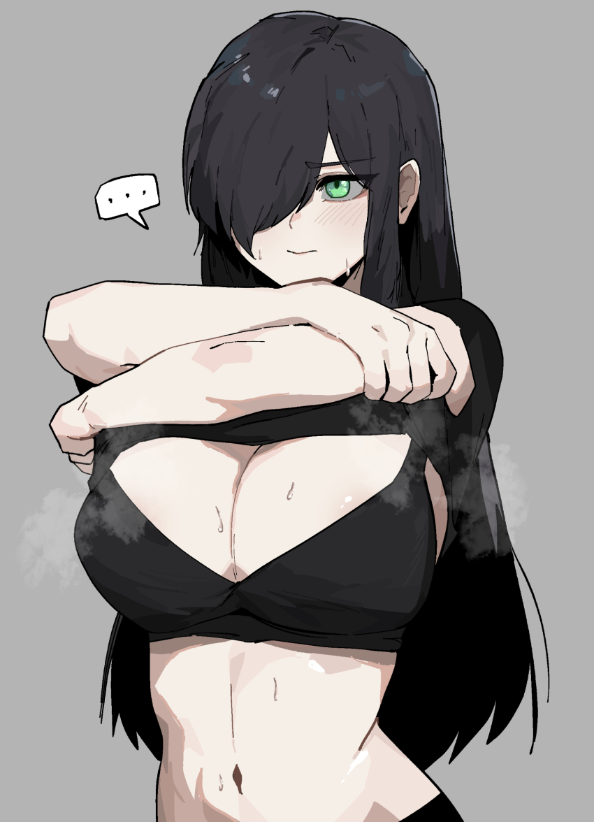 1girls, aria (parororo), aria wintermint, black hair, blush, breasts, cleavage, female, green eyes, hair over one eye, large breasts, long hair, shirt lift, unknown artist
