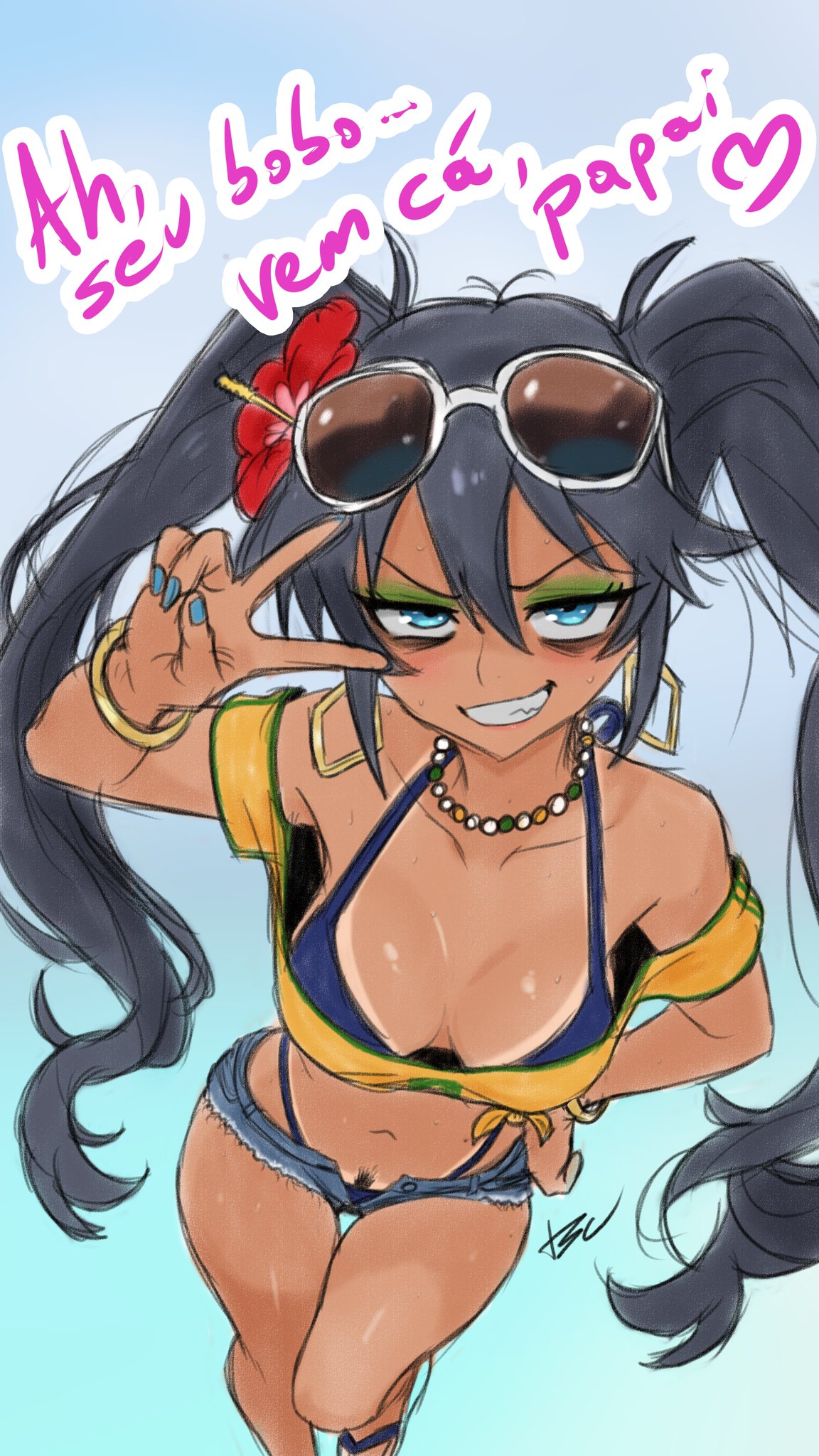 1girl, 1girls, bikini, bikini tan, bikini under clothes, black bikini, black hair, blue background, blue bikini, blue eyes, blue nails, blush, boob window, bracelet, brazilian miku, breasts, cleavage, dark skin, dark-skinned female, denim, denim shorts, earrings, english text, eyelashes, eyeliner, eyeshadow, eyewear on head, fanart, female, female only, female pubic hair, flower, flower in hair, from above, gradient background, grin, hair between eyes, hair flower, hair ornament, hairy pussy, hand on hip, hatsune miku, hibiscus, highleg, highleg bikini, hoop earrings, jean shorts, jewelry, light-skinned female, long hair, looking at viewer, makeup, mascara, medium breasts, midriff, nail polish, navel, necklace, oc, off shoulder, panties, portuguese text, pubic hair, pubic hair peek, pussy hair, ripped clothing, ripped shorts, sandals, shirt, short shorts, shorts, showing off, smile, solo, sunglasses, swimsuit, tan, tan body, tan lines, tanlines, teeth, text, thigh gap, tired, tired eyes, tsuicaa, twintails, v, very long hair