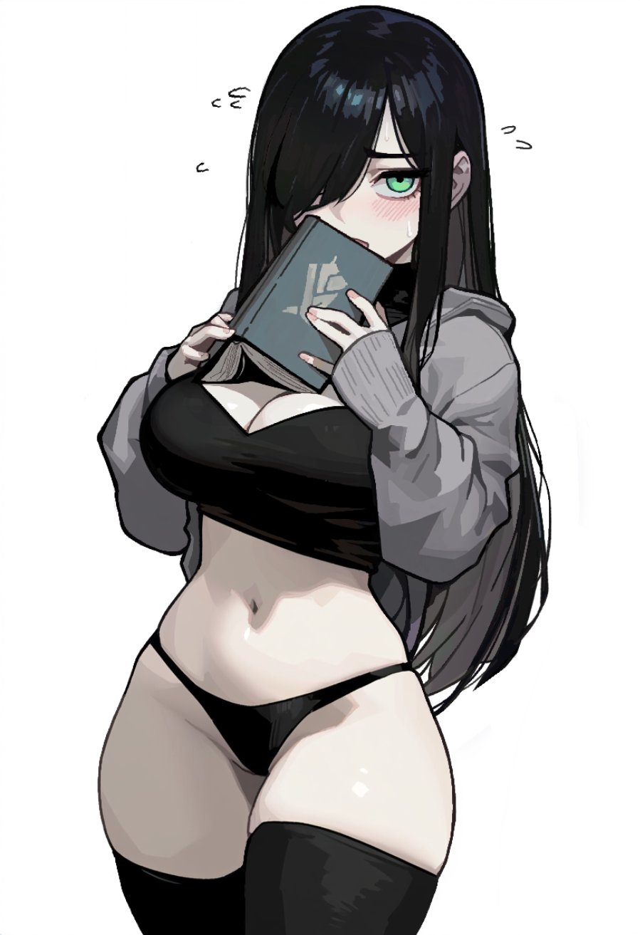 1girls, aria (parororo), aria wintermint, black hair, black legwear, black panties, black thighhighs, blush, book, bra, breasts, cleavage, clothing, female, green eyes, hair over one eye, hoodie, insact, jacket lift, legs together, long hair, pale skin, pale-skinned female, panties, shy, thighhighs, wide hips