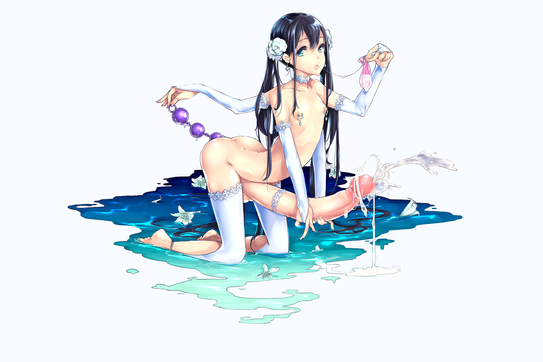anal beads, anal insertion, ass, balls, barefoot, black hair, blue eyes, bridal gauntlets, c.i.a, choker, condom, cum, cum in condom, cum string, dickgirl, earrings, ejaculation, erection, feet, flat chest, futa only, futanari, huge cock, intersex, kneeling, large penis, long penis, masturbation, multi arm, multi limb, nipple piercing, nipple ring, nipples, penis, penis ornament, piercing, sex toy, testicles, tied hair, twintails, uncensored