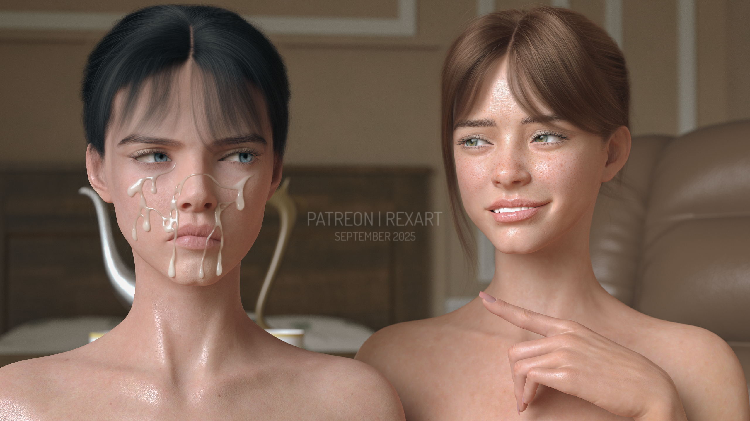 2girls, 3d, 3d (artwork), 3d model, 3d render, 3dx, artist name, blue eyes, couple, cum, cum drip, cum on face, dark hair, daz studio, duo, duo focus, emma (rexart), female, female focus, female only, green eyes, hi res, high resolution, highres, indoors, light skin, light-skinned female, naked, nude, original, original character, original characters, patreon, patreon username, realistic, red hair, rexart, ruby (rexart), secrets of rockfield, self upload, shoulders, smiling, smiling at partner, tagme, uncensored