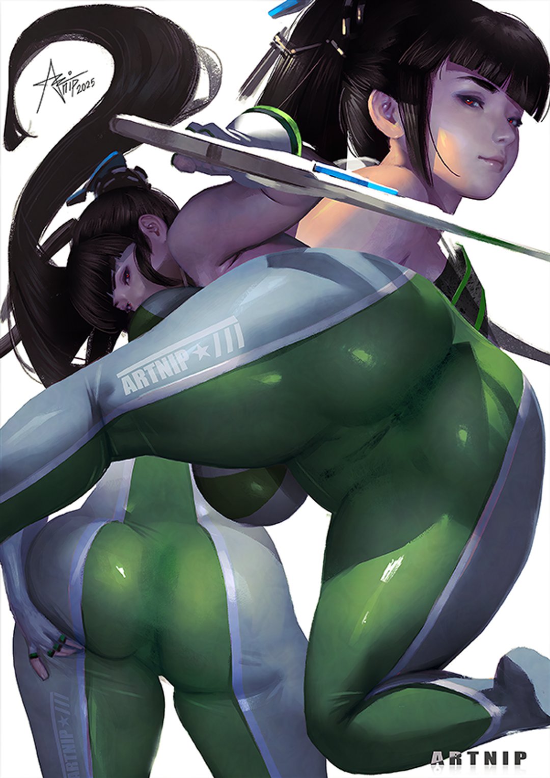 1girls, 2025, artnip, ass, ass focus, ass grab, ass support, black hair, blunt bangs, bodysuit, breasts, brown eyes, cameltoe, clothing, dual wielding, eve (stellar blade), female, fingerless gloves, from behind, gloves, grabbing own ass, green bodysuit, hair ornament, hand on own ass, holding, holding sword, holding weapon, huge ass, huge breasts, impossible bodysuit, impossible clothes, large breasts, lips, long hair, looking at viewer, looking back, multicolored bodysuit, multicolored clothes, ninja, ponytail, red eyes, reverse grip, skin tight, spread ass, stellar blade, sword, thighs, tight clothes, tight clothing, weapon, wide hips