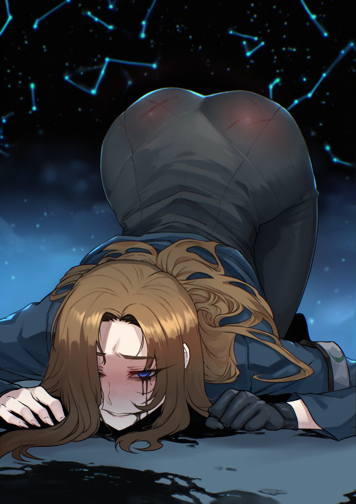 1girls, ass, ass up, black tears, face down ass up, female, knight of despair, limbus company, mark on butt, marking on cheek, markings, project moon, rodion (limbus company), the sword sharpened with tears (e.g.o), tresmarrow
