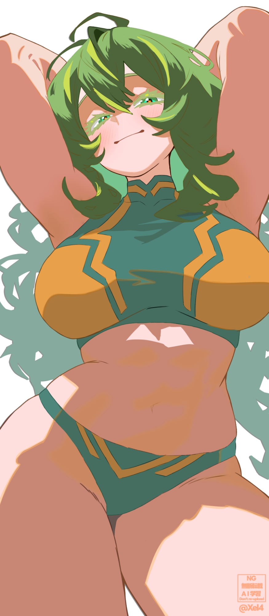 1girls, armpits, arms behind head, breasts, buruma, female, female only, green eyes, green hair, green-haired female, hagakure toru, hair between eyes, highres, large breasts, long hair, messy hair, midriff, my hero academia, my hero academia (finale), simple background, tagme, tooru hagakure, tooru hagakure (post-timeskip), tooru hagakure (visible), white background, xel4