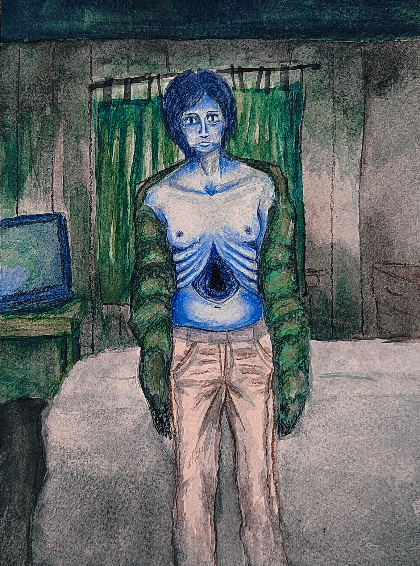 1boy, boots, breasts, coat guy (no, i'm not a human), dressed, horror, male, ninah, no, i'm not a human, non-human, shirtless, tits out, trans, trans man, transgender, transgender male, video games