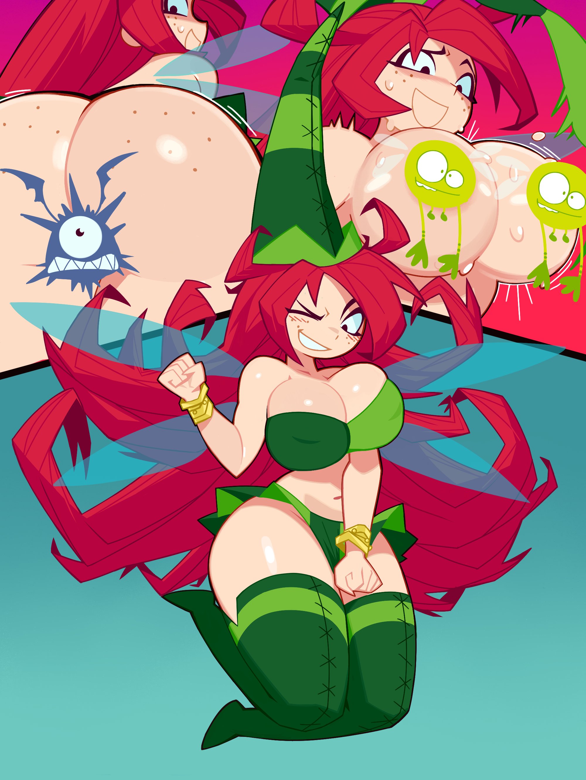 1girls, 2d, ass, bare shoulders, betilla (rayman), bikini, body freckles, boots, bouncing breasts, bracelet, breasts, censored nipples, censored pussy, cleavage, convenient censoring, cross-laced footwear, fairy, fairy wings, female, freckles, green bikini, green footwear, green headwear, green skirt, green thighhighs, grin, hat, huge breasts, jewelry, lace-up boots, large breasts, long hair, looking at viewer, lum (rayman), navel, nymph (rayman), one eye closed, open mouth, pussy, rayman (series), rayman origins, red eyes, red hair, skirt, smile, sweat, swimsuit, thick thighs, thigh boots, thighhighs, thighs, tube top, very long hair, werfmight, wings