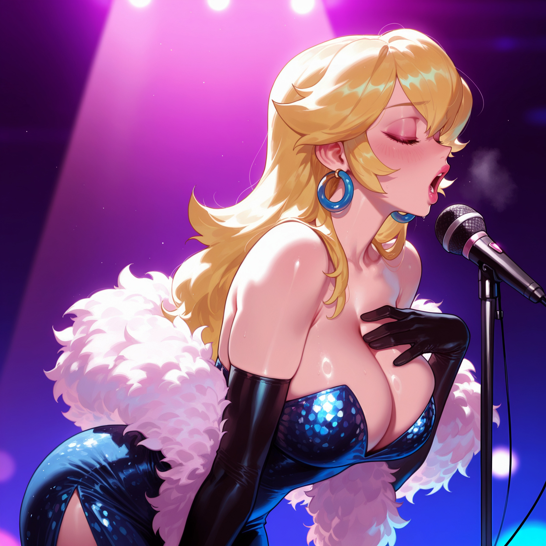 1girls, ai generated, alternate costume, balecxi, bare shoulders, black gloves, blonde hair, blue dress, blush, breasts, breath, cleavage, closed eyes, clothing, collarbone, curvaceous, curvaceous female, curvaceous figure, curvy, curvy figure, dress, earrings, elbow gloves, eyelashes, eyeshadow, feather boa, female, female focus, female only, gloves, hand on own chest, hoop earrings, jewelry, large breasts, leaning forward, lips, lipstick, long hair, makeup, mario (series), microphone, microphone stand, nintento, open mouth, pink lips, princess peach, red lips, shiny skin, side slit, singing, solo, sphere earrings, strapless, strapless dress, super mario bros., sweat, teeth, upper teeth only, voluptuous, voluptuous female