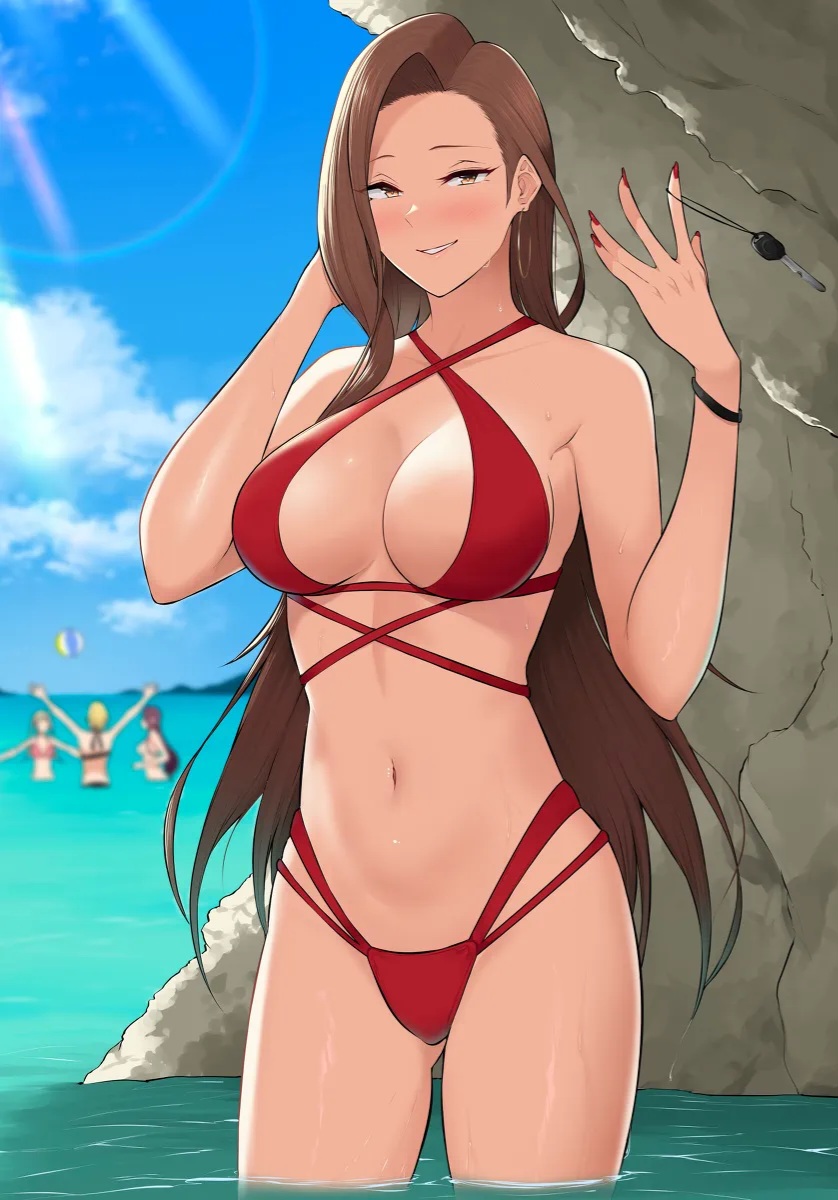 1girls, bikini, breasts, brown hair, criss-cross halter, female, hamazaki risa, hips, huge ass, imaizumin-chi wa douyara gal no tamariba ni natteru rashii, large ass, looking at viewer, milf, nori gorou, nori5rou, nude, perfect body, red bikini, solo