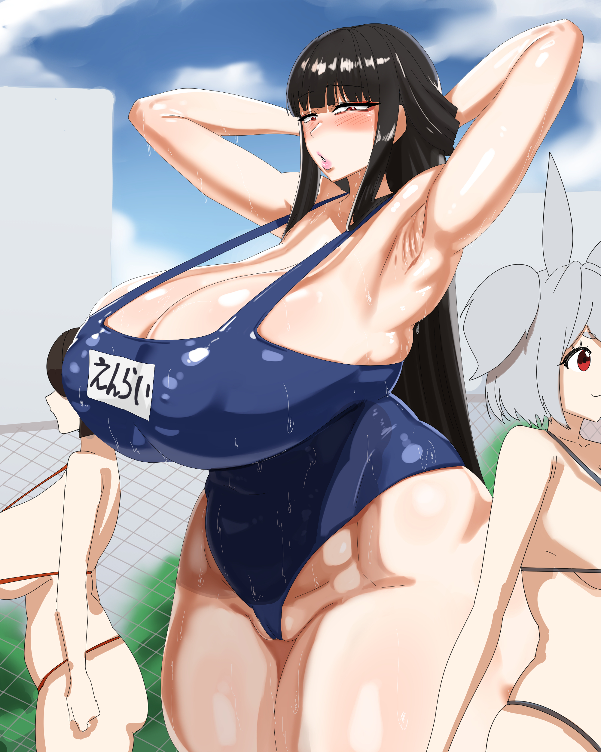 2025, 2d, 3girls, alvis (last origin), armpits, arms behind head, arms up, black hair, blush, breasts, cameltoe, child bearing hips, cleavage, curvaceous, curvy, curvy body, curvy female, curvy figure, erect nipples, female, female only, half-closed eyes, hi res, high resolution, highres, huge breasts, kunoichi enrai, kunoichi kaen, last origin, light skin, light-skinned female, looking at viewer, mature female, nipple bulge, nipples visible through clothing, one-piece swimsuit, outdoors, puffy areola, puffy areolae, puffy nipples, pussy, red eyes, revealing clothes, rominas, school swimsuit, solo focus, standing, swimsuit, thick thighs, thighs, undersized clothes, very long hair, voluptuous, voluptuous female, wet, wet body, wide hips