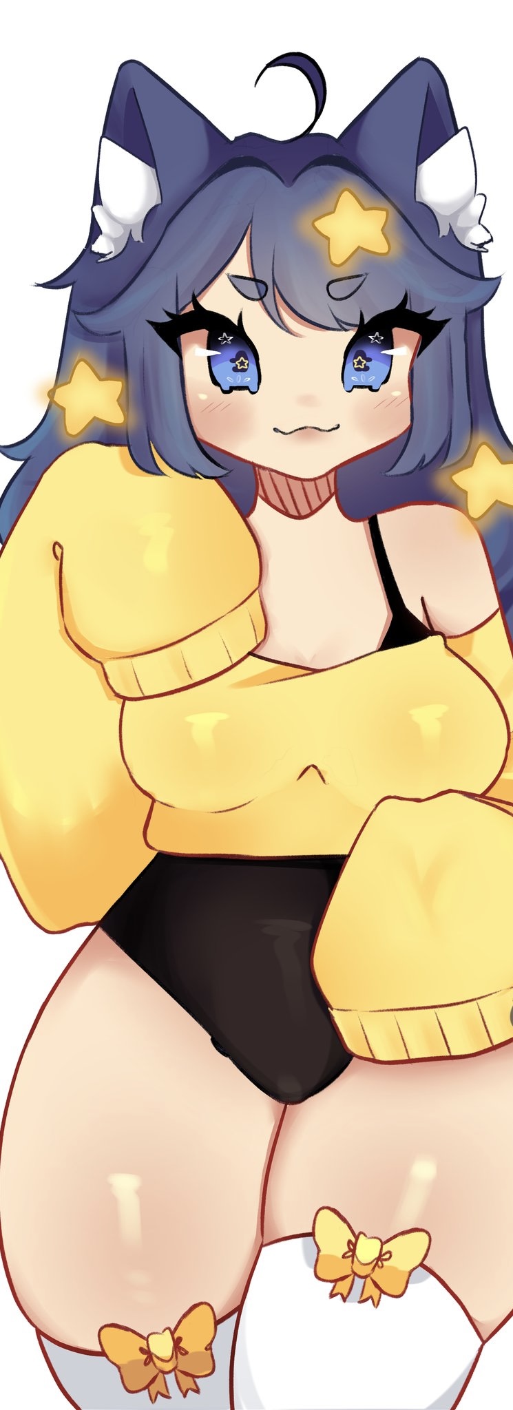 1girls, blue eyes, blue hair, breasts, catgirl, clothed, cropped, female, female only, fully clothed, long sleeves, looking at viewer, medium breasts, panties, pupowh, roblox, roblox avatar, robloxian, socks, solo, solo female, star, stockings, suggestive, superiormari, tagme, thick body, thick thighs, thighs