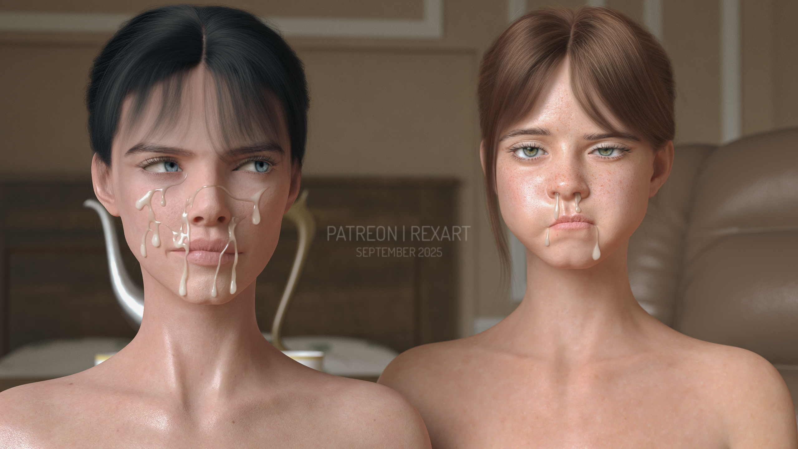 2girls, 3d, 3d (artwork), 3d model, 3d render, 3dx, artist name, blue eyes, couple, cum, cum drip, cum in mouth, cum inside, cum on face, dark hair, daz studio, duo, duo focus, emma (rexart), female, female focus, female only, green eyes, hi res, high resolution, highres, indoors, light skin, light-skinned female, naked, nude, original, original character, original characters, patreon, patreon username, realistic, red hair, rexart, ruby (rexart), secrets of rockfield, self upload, shoulders, tagme, uncensored