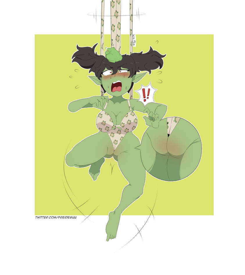 black hair, blush, bra, breasts, cleavage, embarrassed, embarrassed expression, embarrassed female, feet, freidesuu, goblin, goblin female, green skin, hanging wedgie, legs apart, legs spread, matching underwear, oc, open mouth, original, original character, panties, partially visible vulva, print panties, pussy, pussy blush, pussy floss, red eyes, suspended, suspended in midair, sweat, twintails, wedgie, wedgie fetish, wedgied female, zoom in