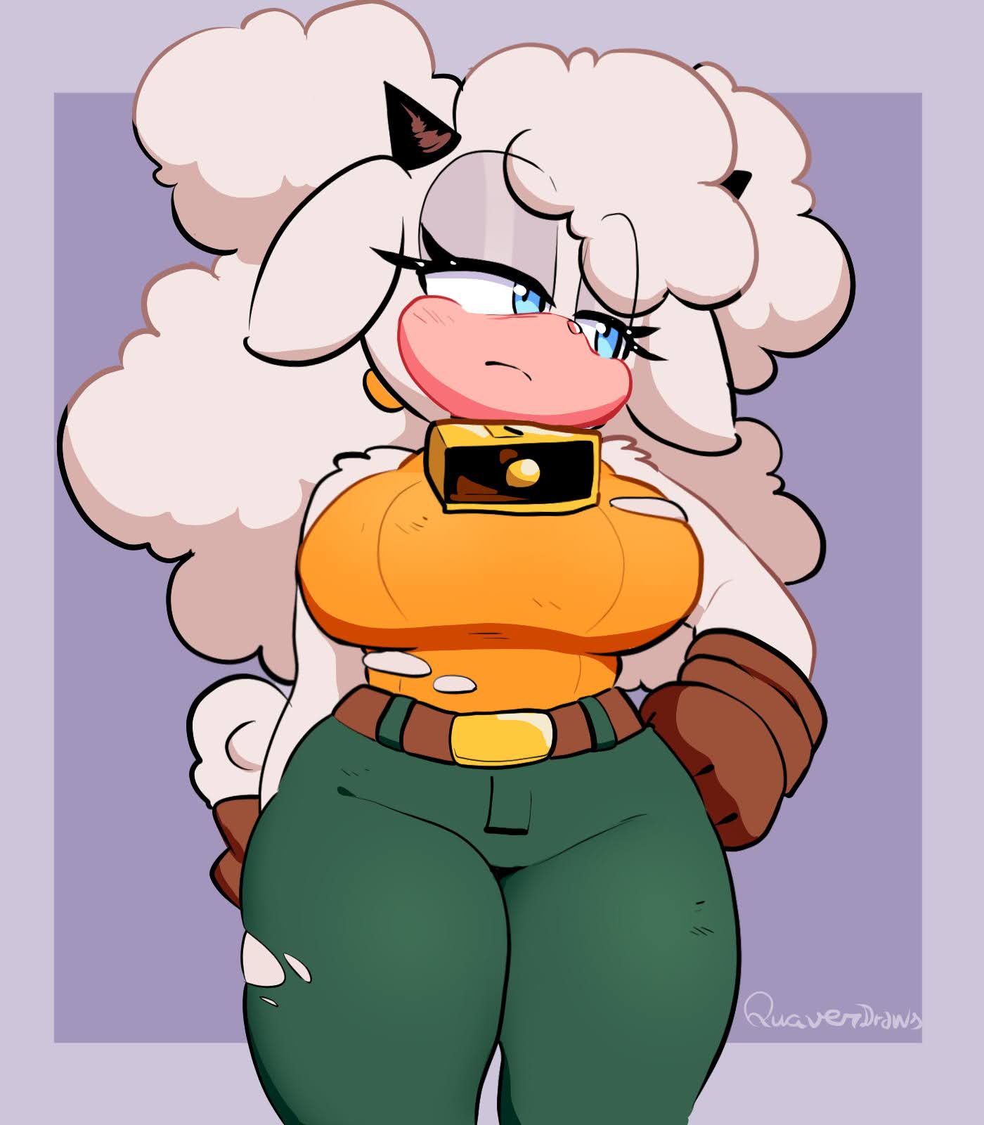 1girls, animal ears, anthro, arm at side, averting eyes, bare shoulders, bell, belt, black horns, blue eyes, blush, body fur, bovid, breasts, brown belt, brown gloves, caprine, closed mouth, clothing, cowbell, cropped legs, earrings, eyeshadow, female, furry, furry female, gloves, green pants, half-closed eyes, hand on own hip, horns, jeans, jewelry, jingle bell, lanolin the sheep, large breasts, long hair, looking to the side, makeup, mammal, neck bell, orange shirt, orange sweater, pants, quavernsfw, sheep, sheep ears, sheep girl, sheep horns, shirt, shirt tucked in, sleeveless, sleeveless shirt, sleeveless sweater, solo, sonic (series), sonic the hedgehog (idw), standing, sweater, tail, thick thighs, thighs, torn clothes, torn pants, torn shirt, white fur, white hair, wide hips, yellow shirt