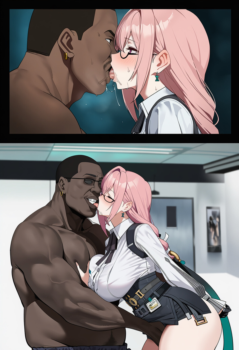 1boy, 1girls, ai generated, blush, breasts, dark skin, dark-skinned male, fat male, female, fingering, glasses, huge breasts, interracial, keoly, kissing, large breasts, male, pink hair, thick thighs, tongue kiss, tsukishiro yanagi, ugly bastard, ugly man, zenless zone zero