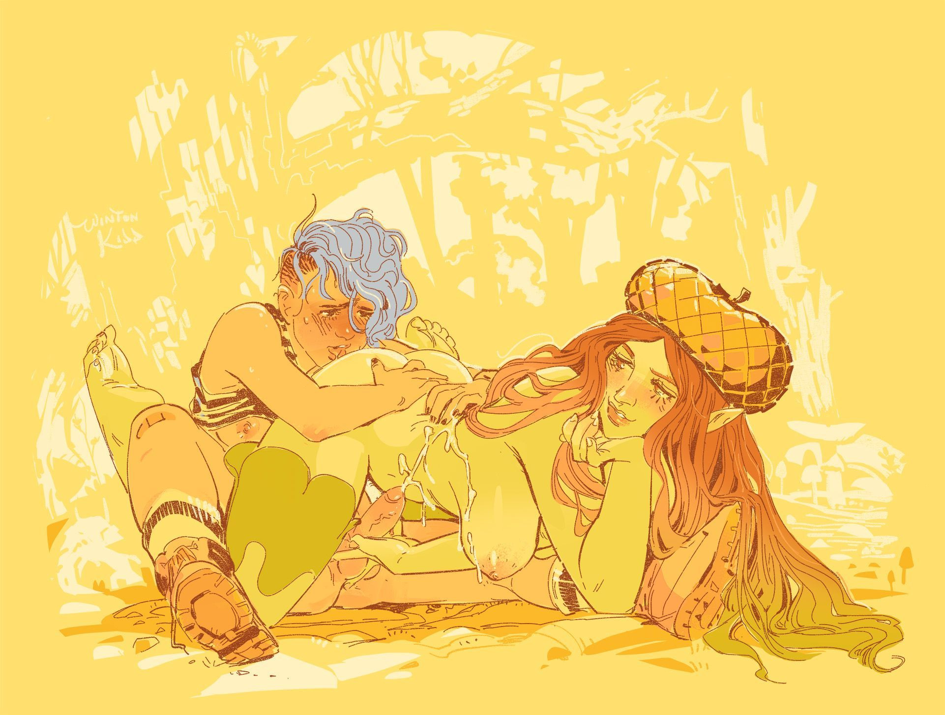 1futa, 1girls, blue hair, blush, breasts, cum, cum on body, cum on breasts, dryad, female, female on futa, female on top, femdom, futa on female, futa with female, futanari, futasub, gentle femdom, handjob, intersex, larger female, monster girl, red hair, reverse grip handjob, size difference, smaller futa, tagme, trans woman, transfem, wintonkidd