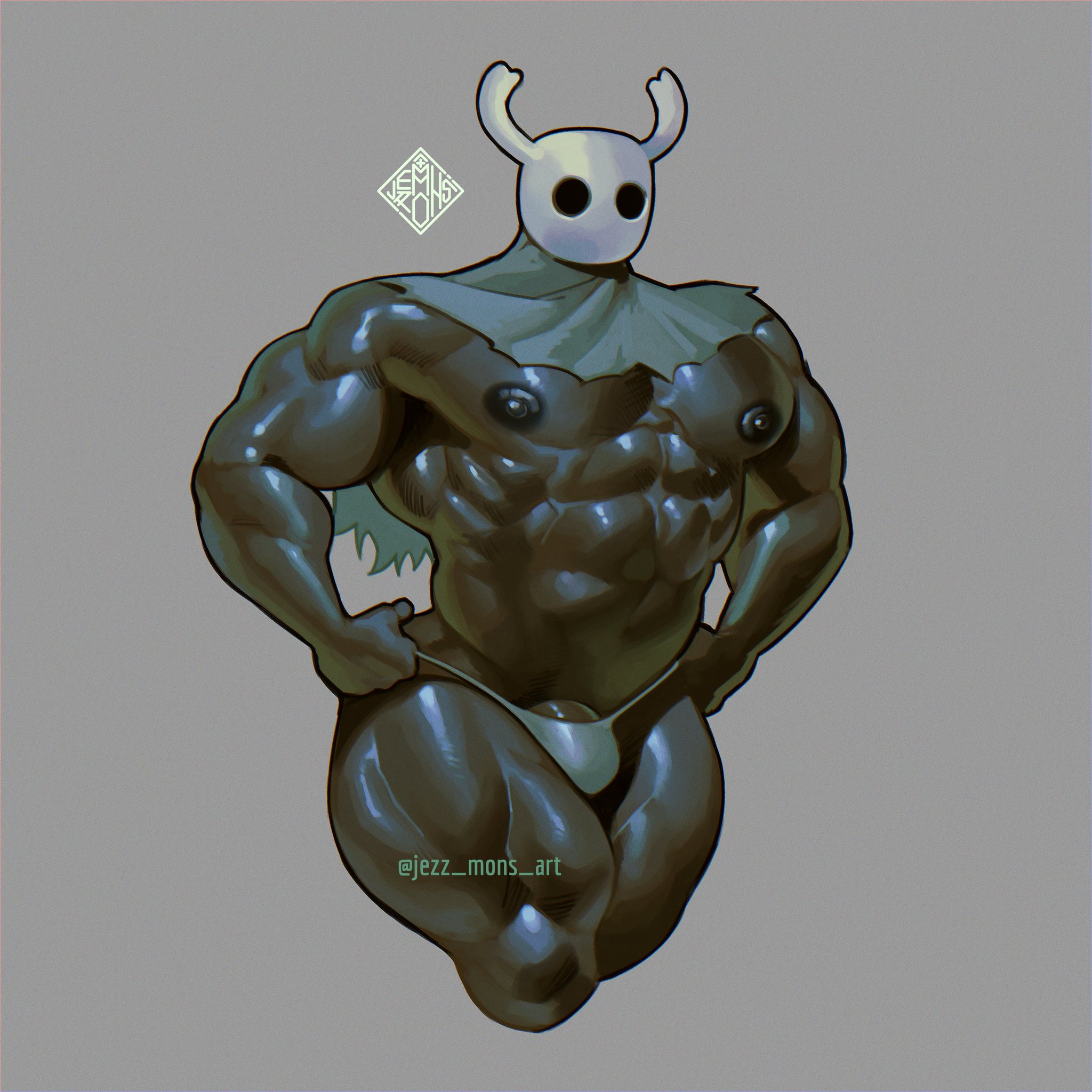 1boy, abs, anthro, artist name, bara, bulge, g-string, hollow knight, jezz mons nsfw, male, male focus, male only, muscular, muscular arms, muscular chest, muscular male, muscular thighs, nipples, pecs, simple background, solo, solo male, text, the knight (hollow knight), yaoi