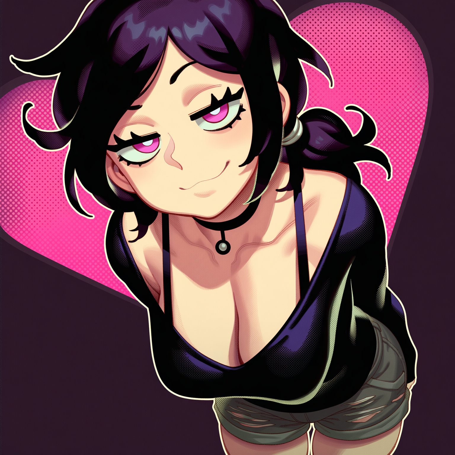 1girls, ai generated, ashley graves, black hair, choker, demerzel, female, female only, looking at viewer, pink eyes, shorts, smile, smiling, smiling at viewer, solo, the coffin of andy and leyley