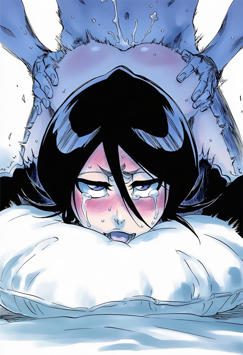 1boy, 1girls, abs, accurate art style, ai generated, ass, ass grab, bed, bed sheet, bent over, black hair, black kimono, bleach, blush, blush stickers, bottomless, crying, crying with eyes open, cum, cum inside, cum splatter, doggy style, ejaculation, female, female focus, from behind, fucked from behind, fucked silly, hair between eyes, half-closed eye, high resolution, highres, holding pillow, japanese clothes, kuchiki rukia, light skin, light-skinned female, looking at viewer, male, male pubic hair, manga style, motion lines, no panties, nude, nude male, open mouth, pillow, pillow grab, pillow hug, pubic hair, purple eyes, rolling eyes, semen, shihakusho, shinigami uniform, shiny hair, short hair, simple background, solo focus, straight, sweat, sweatdrop, taken from behind, tearing up, tears, tite kubo style, top-down bottom-up, torso grab, wafuku, white background, ㅇㅇ