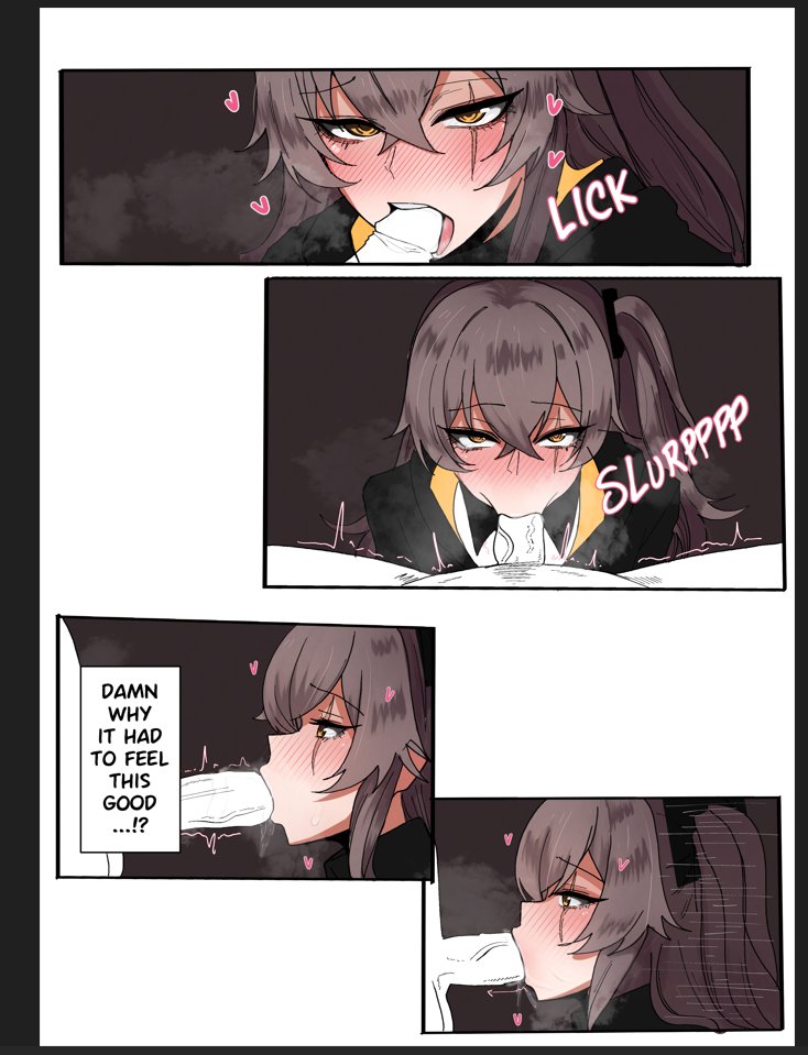 1boy, 1girls, blowjob, blush, brown hair, close-up, clothed female nude male, clothing, comic, english text, fellatio, female, geerux, girls' frontline, girls' frontline 2: exilium, hair ornament, heart, heavy breathing, hoodie, leva (girls' frontline 2), long hair, looking at viewer, male, oral, oral sex, penis, saliva, scar, scar on face, side ponytail, side view, text, ump45 (girls' frontline), yellow eyes