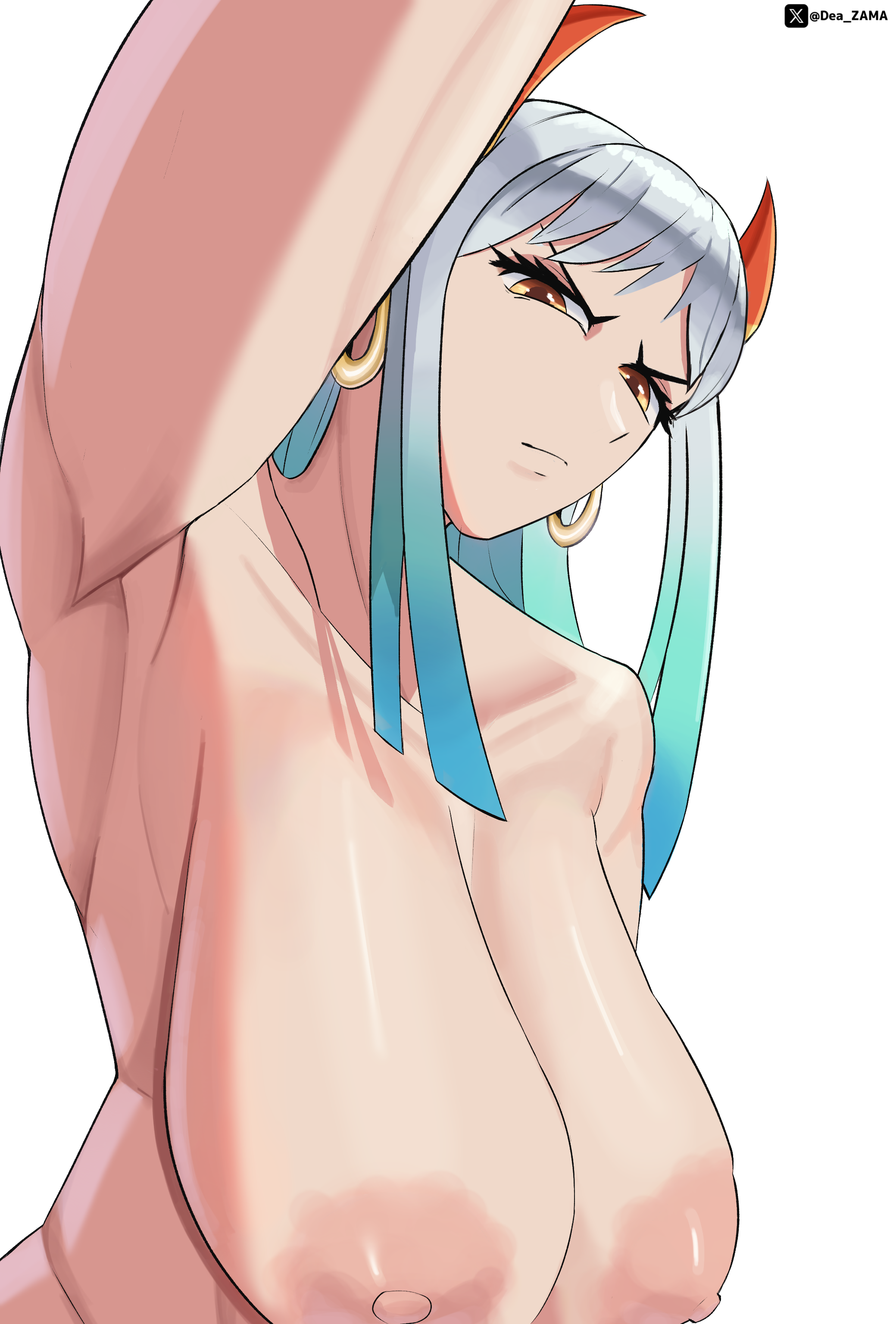 1girls, big breasts, big nipples, breasts, dea zama, female, female only, huge boobs, huge breasts, juicy breasts, muscles, one piece, two-tone hair, white background, white hair, white-haired female, yamato (one piece), yellow eyes