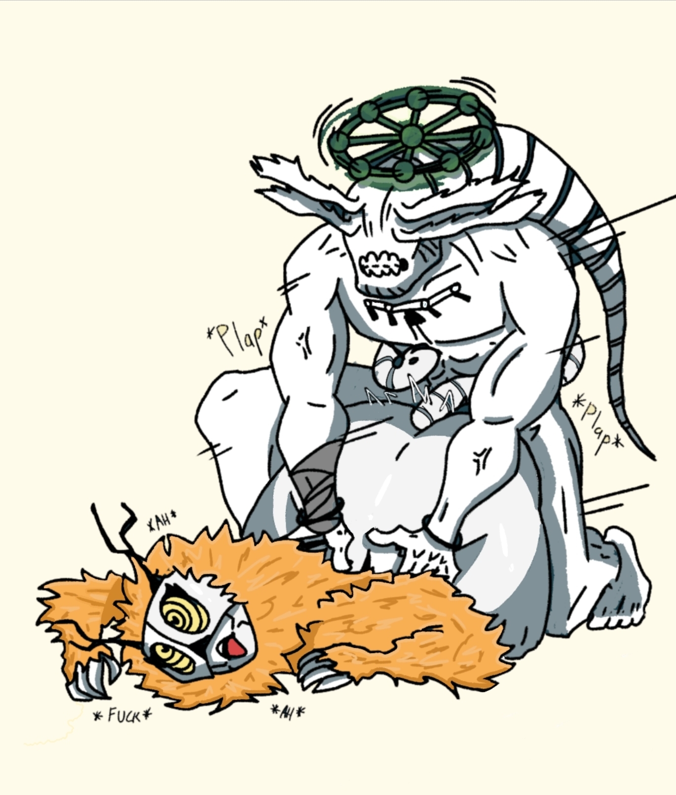 agito (jujutsu kaisen), ass, big ass, doggy style, mahoraga (jujutsu kaisen), male/female, monster, orange fur, penetration, penetration from behind, tongue out, white body, yellow eyes