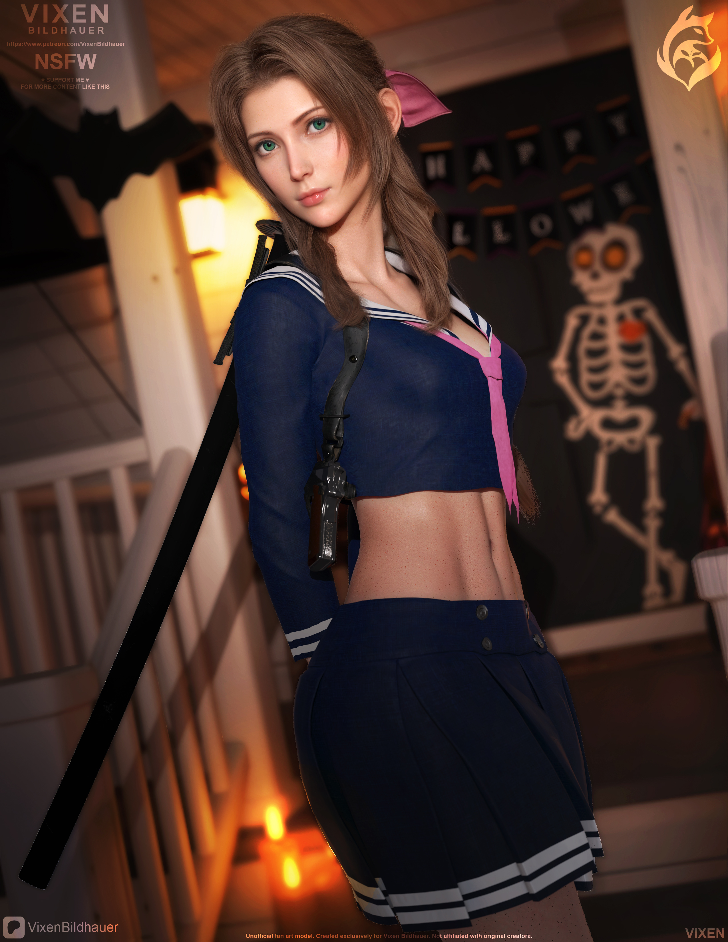 aerith gainsborough, breasts, brown hair, college, college girl, college student, costume, cute, cute face, female, final fantasy, final fantasy vii, final fantasy vii rebirth, final fantasy vii remake, green eyes, halloween, halloween costume, navel, petite, petite body, petite breasts, petite female, petite tits, school uniform, schoolgirl, sexy, sexy pose, skinny, skirt, small breasts, standing, vixen bildhauer