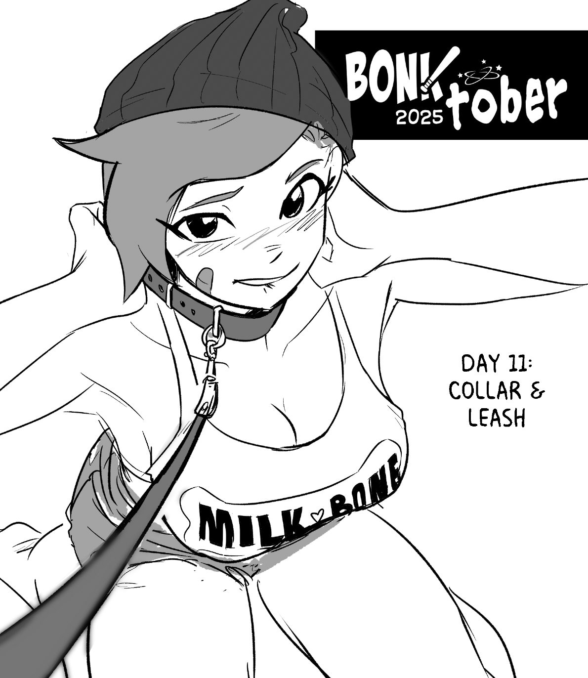 1girls, bandaid, bandaid on cheek, beanie, biting lip, biting own lip, bonktober 2025, breasts, cleavage, clothed, denim shorts, dog collar, english text, female, hat, large breasts, leash, looking at viewer, ollie (spicymancer), petplay, pov, short hair, short shorts, sitting, solo, spicymancer, tank top, tomboy, viewer holding leash, wariza