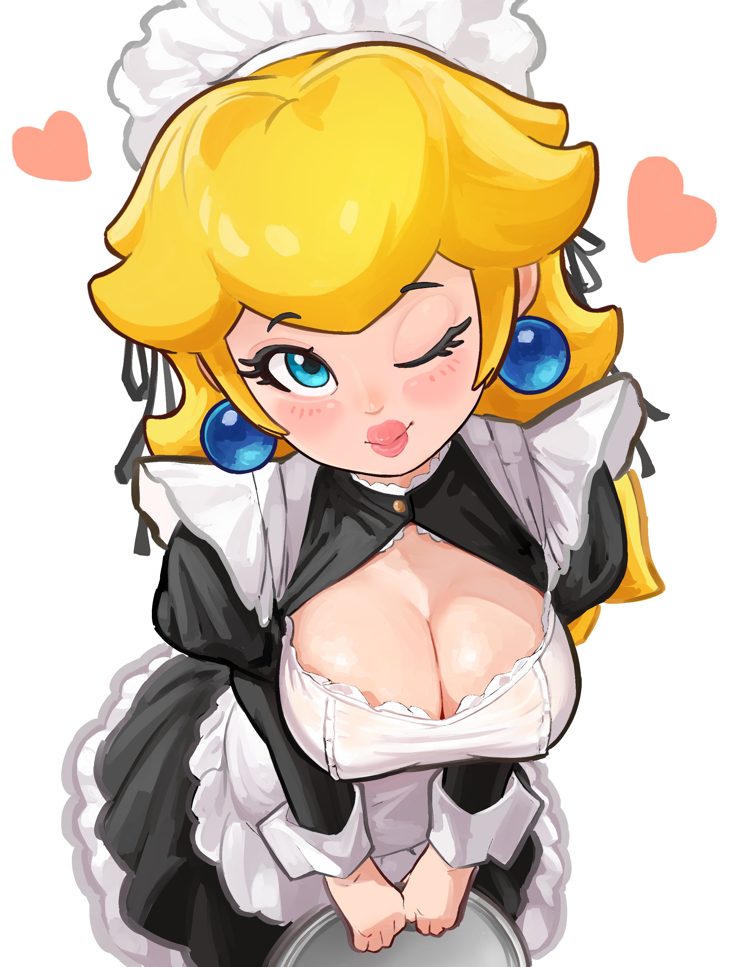 1girls, 2d, blonde hair, blue eyes, blush, breasts, cleavage, earrings, female, female only, heart, looking at viewer, maid outfit, mario (series), mineru128127, nintendo, princess peach, solo, winking at viewer