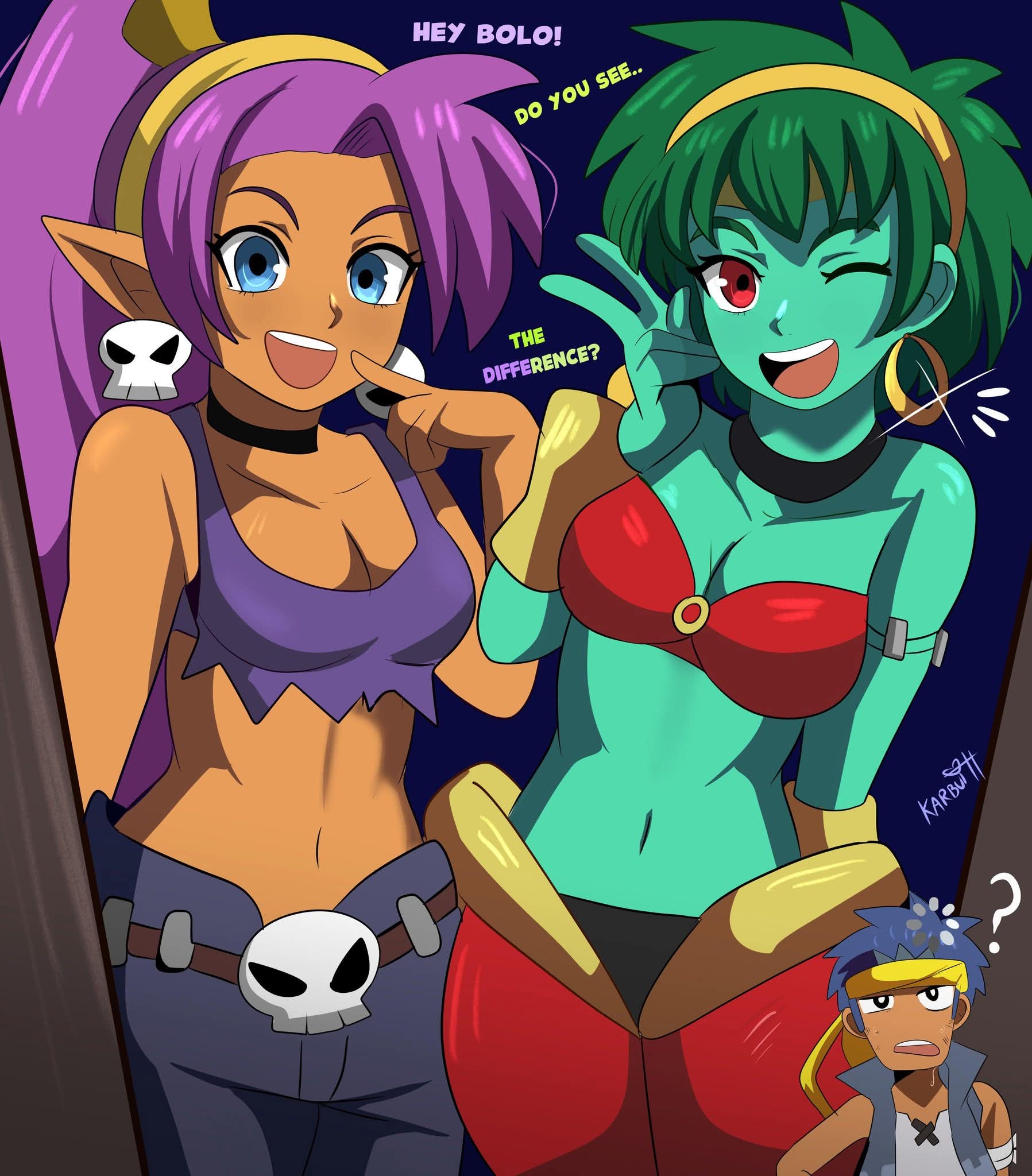 1boy, 2girls, bandana, belly, belly button, blue eyes, blue hair, bolo, breasts, choker, cleavage, confusion, dancer outfit, earrings, female, female focus, green hair, green skin, halloween, headband, hoop earrings, karbuitt, male, midriff, multiple girls, outfit swap, pointy ears, ponytail, purple hair, red eyes, rottytops, shantae, shantae (character), skull belt, skull earrings, tan body, tan skin, wink, zombie, zombie girl
