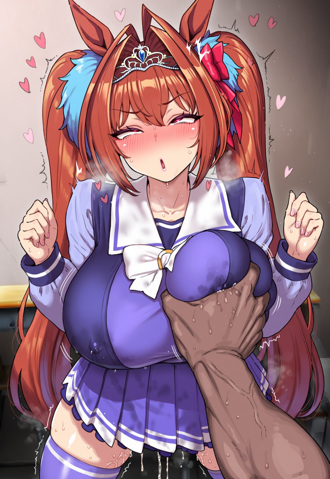 1boy, 1girls, ai generated, animal ears, anthropomorphization, daiwa scarlet (umamusume), dark skin, dark-skinned male, eyes, female, hair, interracial, legs, light skin, light-skinned female, skin, tagme, umamusume, umamusume pretty derby, unknown artist