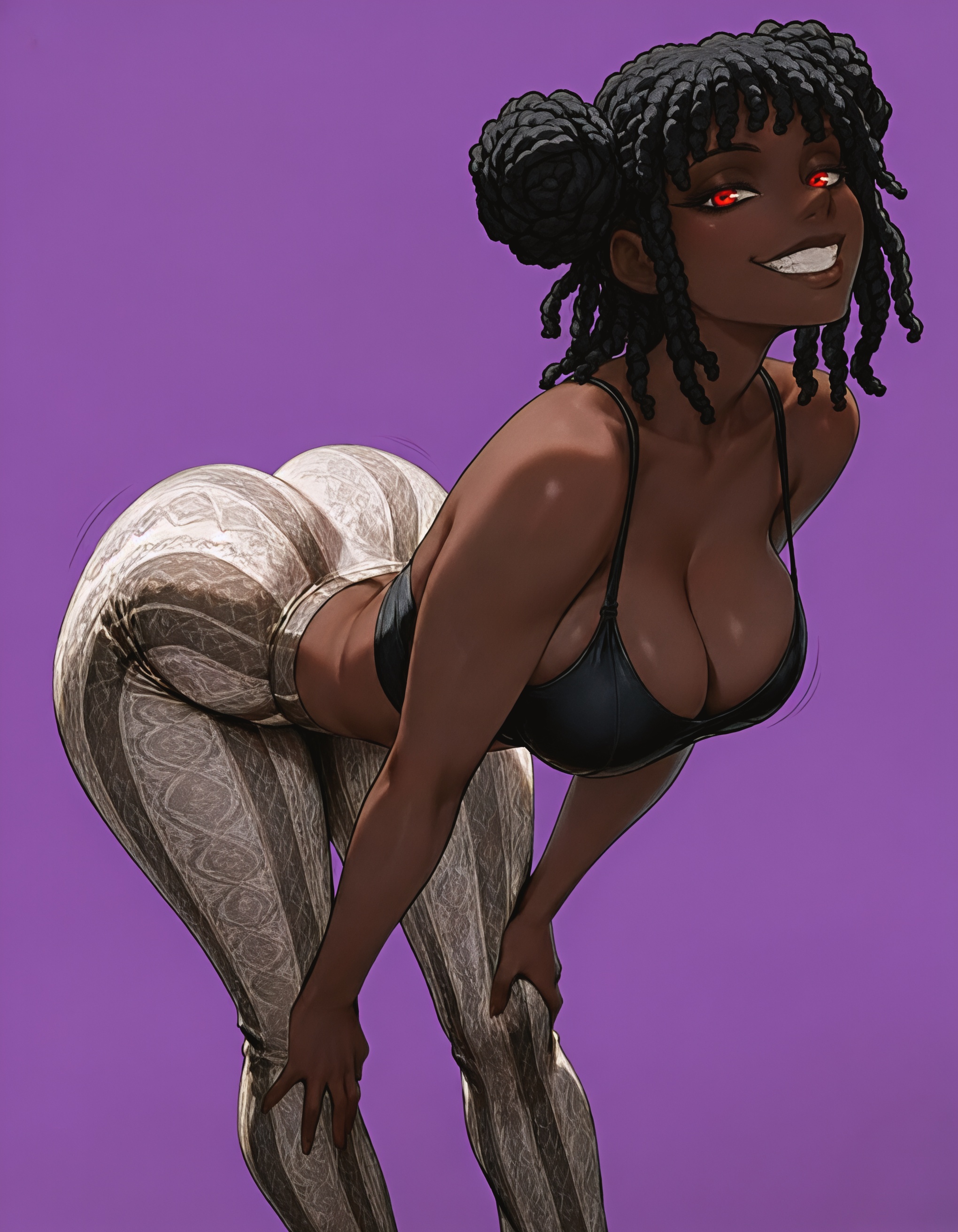 1girls, african female, ai generated, ass, bending over, bent over, big ass, big breasts, big butt, black hair, booty, breasts, cleavage, dark skin, dark-skinned female, dreadlocks, female, female only, flare pants, forbidden pants, looking at viewer, mrtecta, original, original character, red eyes, smiling, smiling at viewer, solo, solo female, thick, thick ass, thick thighs, thighs