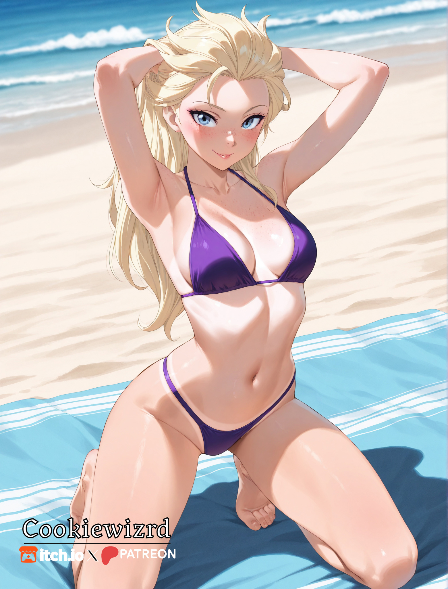 ai generated, armpits, arms behind head, arms up, barefoot, beach, bikini, blonde hair, blue eyes, blush, breasts, cleavage, closed mouth, collarbone, cookiewizrd, day, disney, disney princess, elsa (frozen), female, freckles, frozen (film), full body, kneeling, long hair, looking at viewer, medium breasts, navel, ocean, outdoors, purple bikini, sand, small breasts, smile, solo, stomach, swimsuit, tan, thighs, toes, towel, water