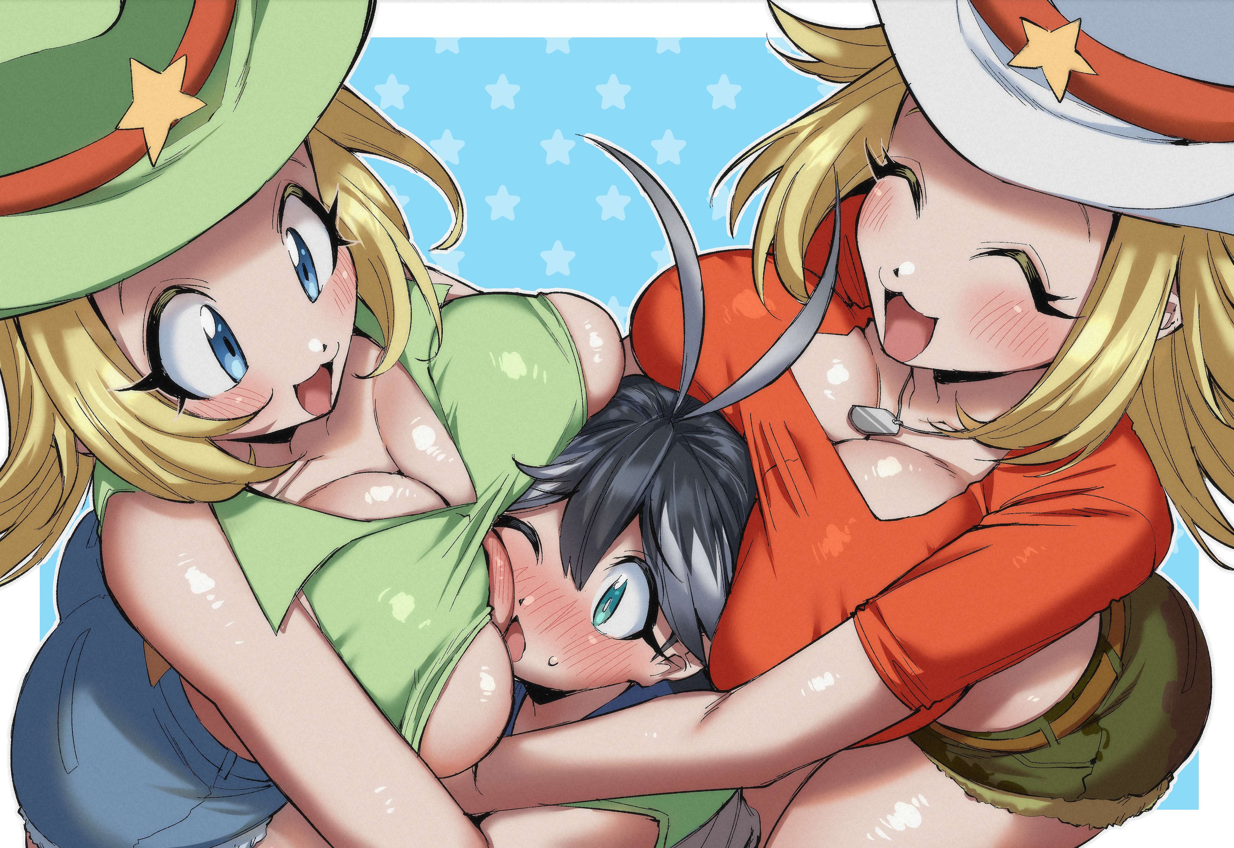 3girls, age difference, arcade gamer fubuki, big breasts, breasts, cowgirl, face in breasts, female, female only, hat, huge breasts, hugging, keroro gunsou, melody honey, multiple females, multiple girls, sakuragasaki fubuki, smothering, source request, surrounded by breasts, yuri
