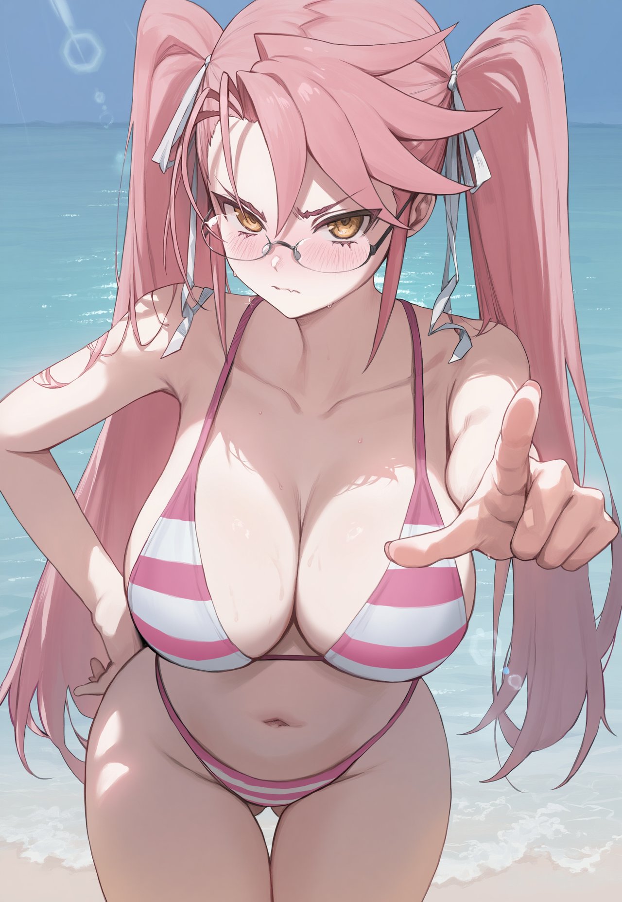 1girls, ai generated, ass, ass visible through thighs, beach, big breasts, bikini, blush, breasts, collarbone, female, female only, glasses, highschool of the dead, light skin, light-skinned female, long hair, looking at viewer, navel, pink hair, pointing, pointing at viewer, saya takagi, solo, sweat, sweatdrop, swimsuit, thick thighs, thighs, truck kun, truck-kun art, twintails