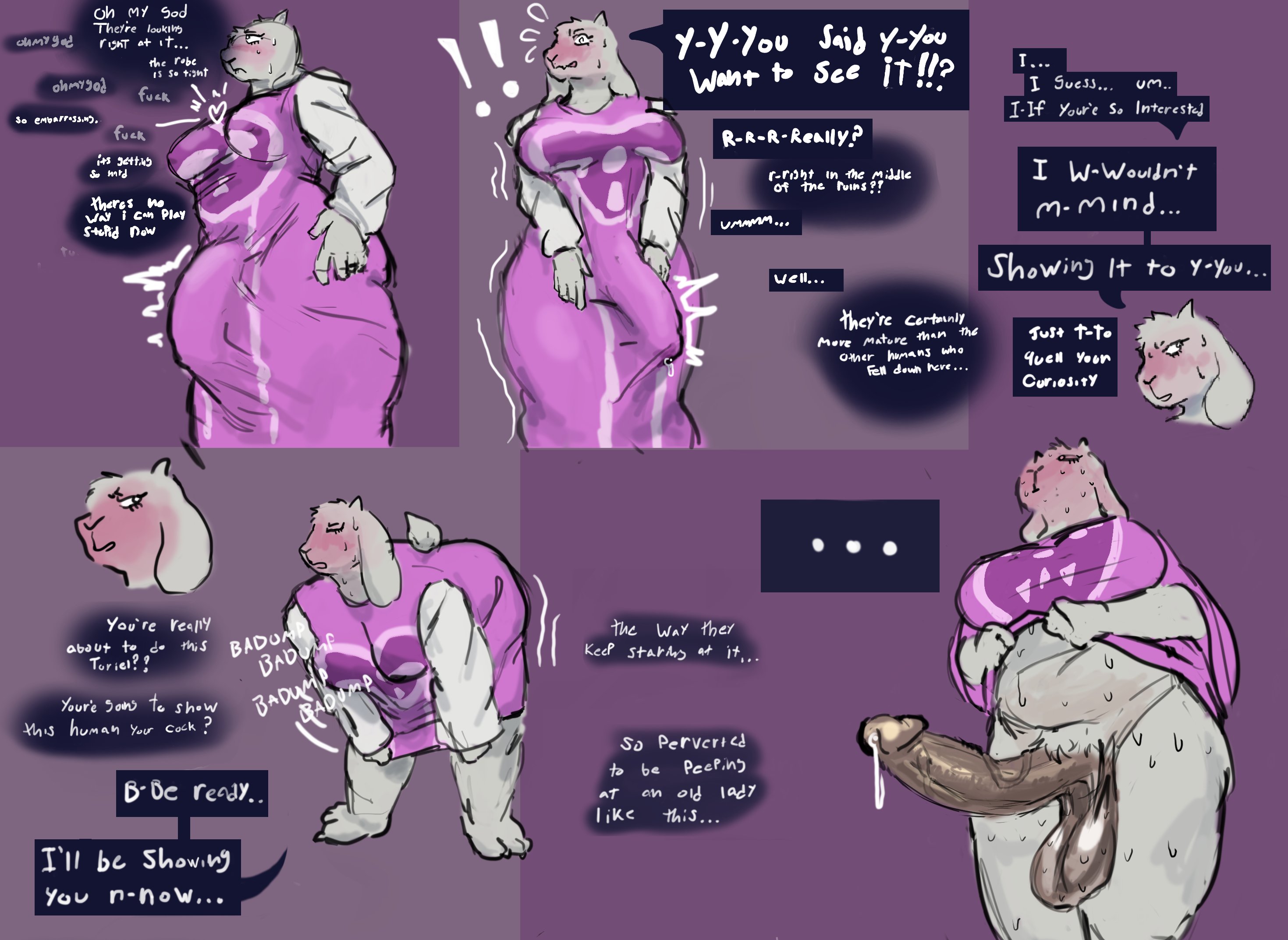 1futa, 2025, anthro, big penis, bottomless, breasts, bulge, clothed, clothing, darkened genitalia, dialogue, erection, erection under clothes, fully clothed, furry, futa only, futanari, huge cock, huge penis, intersex, lavenderscentd, partially clothed, penis, presenting, solo, text, thick thighs, toriel, uncensored, undertale, undertale (series), wide hips